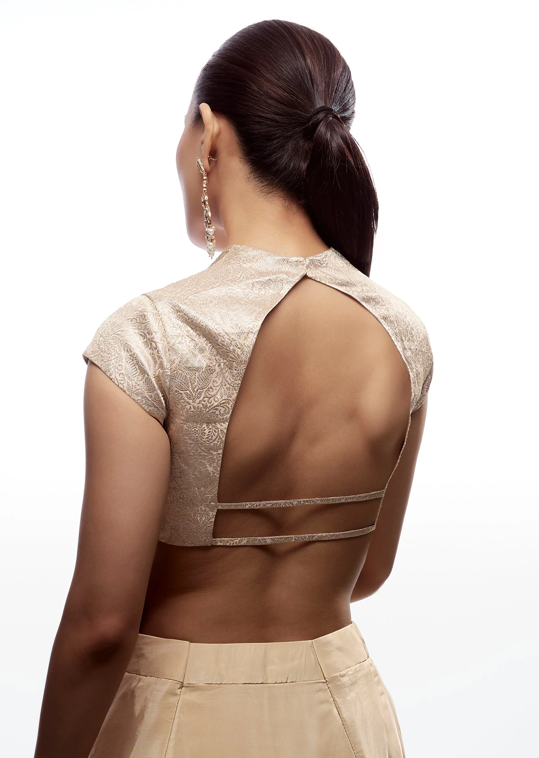 Beige Brocade Sweetheart Blouse With Cap Sleeves - Image 3