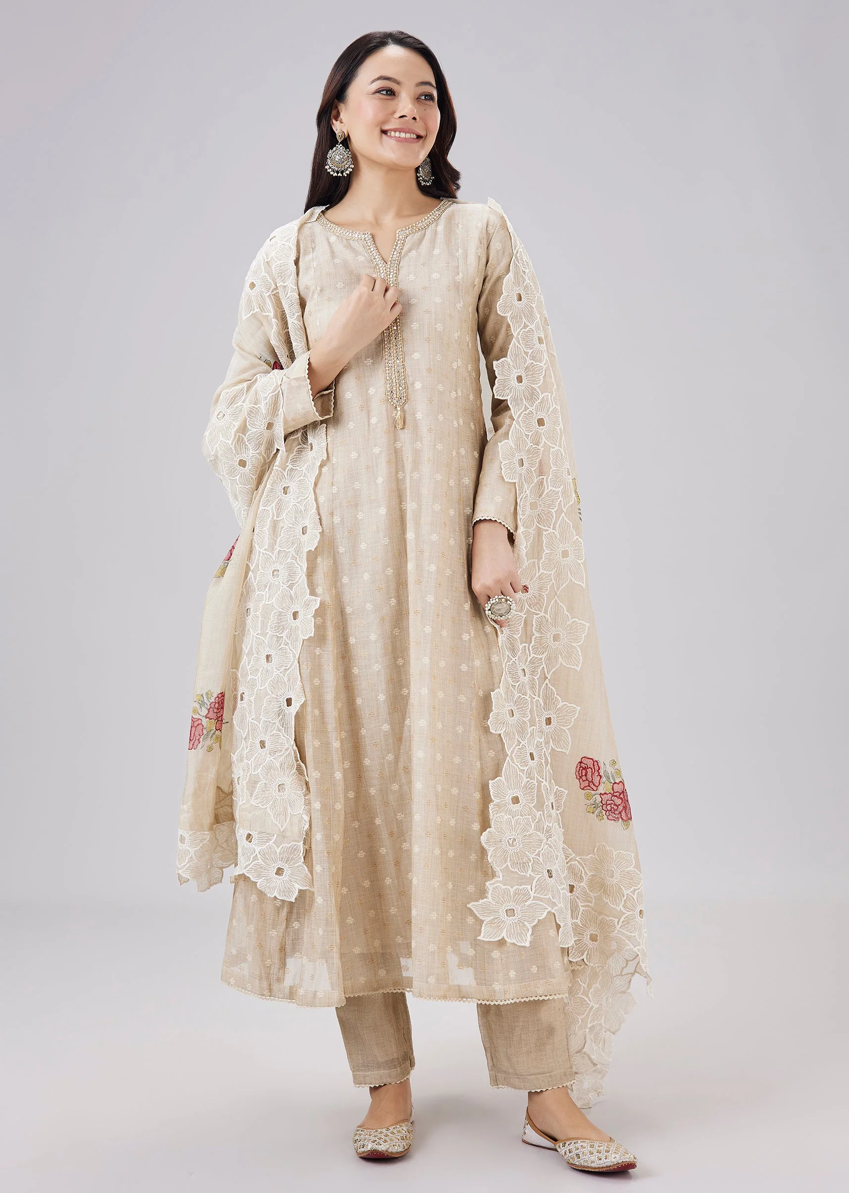 Beige Chanderi Woven Anarkali Set With Cutwork Dupatta - Image 3