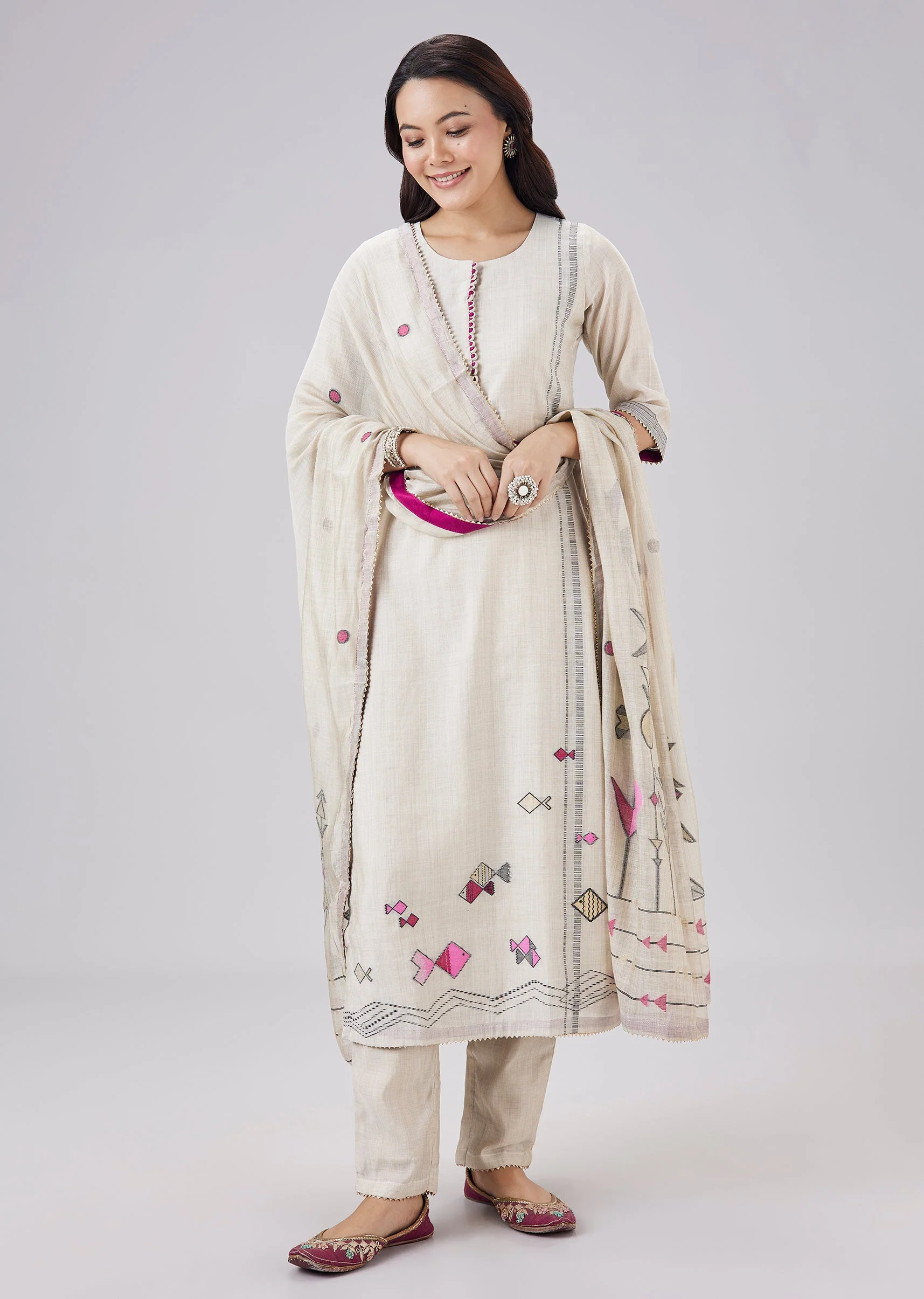 Beige Chanderi Woven Kurta Set With Dupatta - Image 3