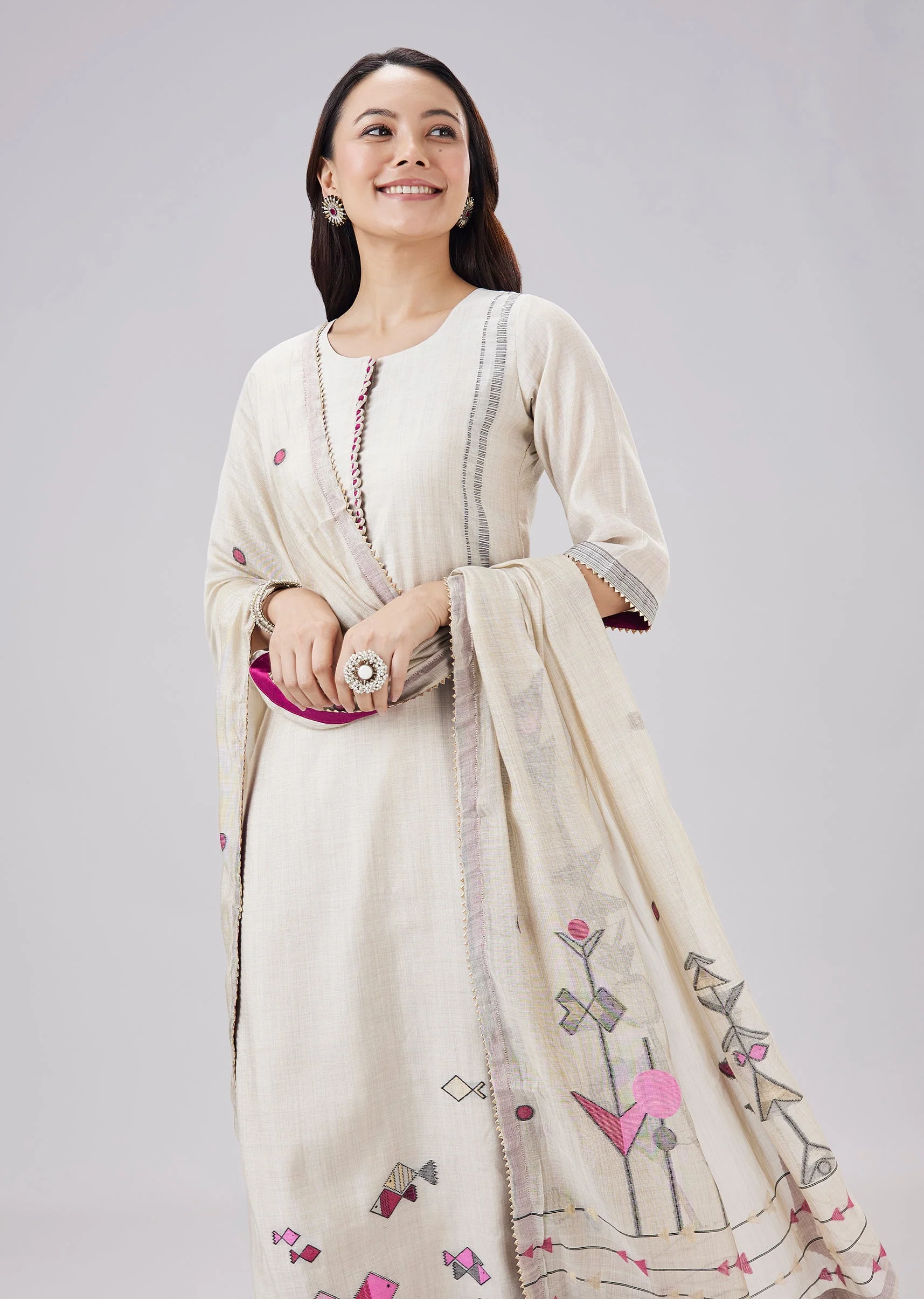 Beige Chanderi Woven Kurta Set With Dupatta - Image 4