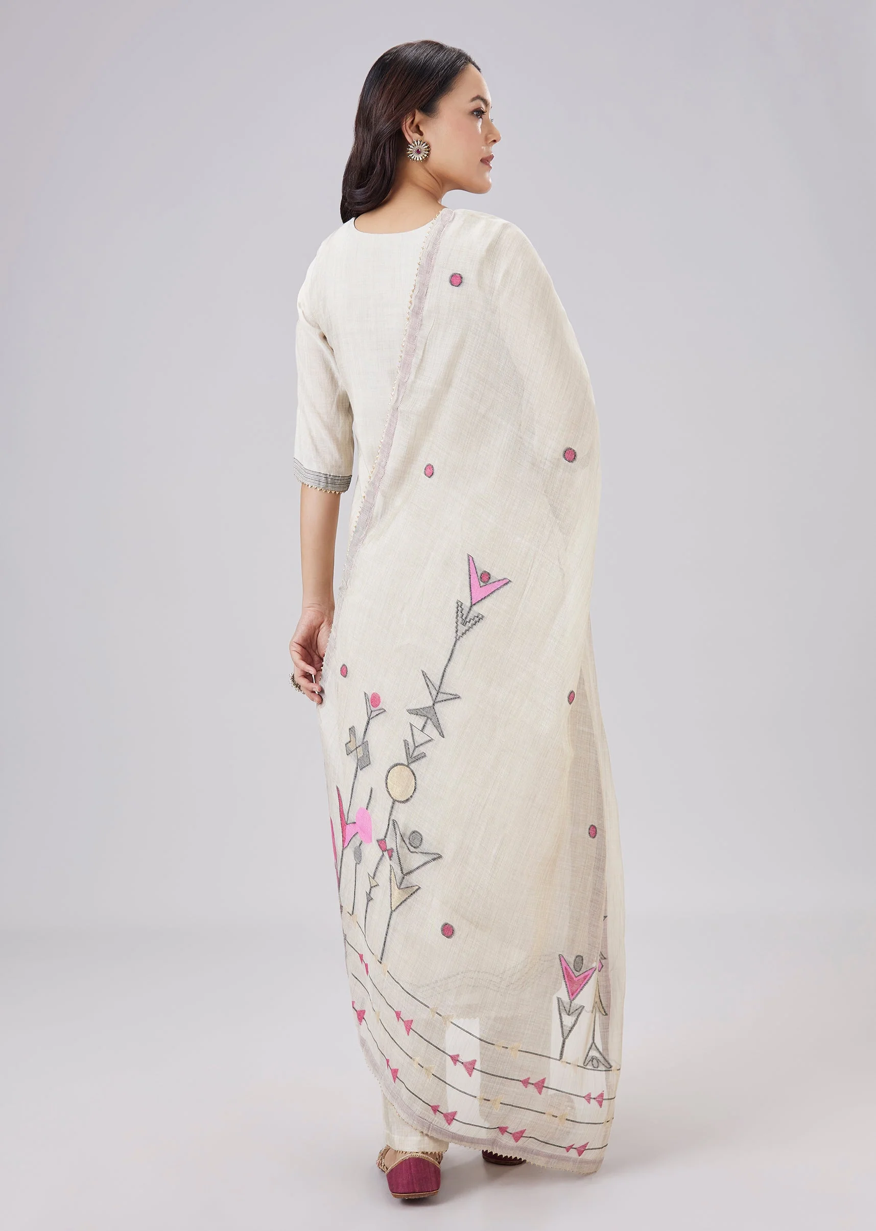 Beige Chanderi Woven Kurta Set With Dupatta - Image 5
