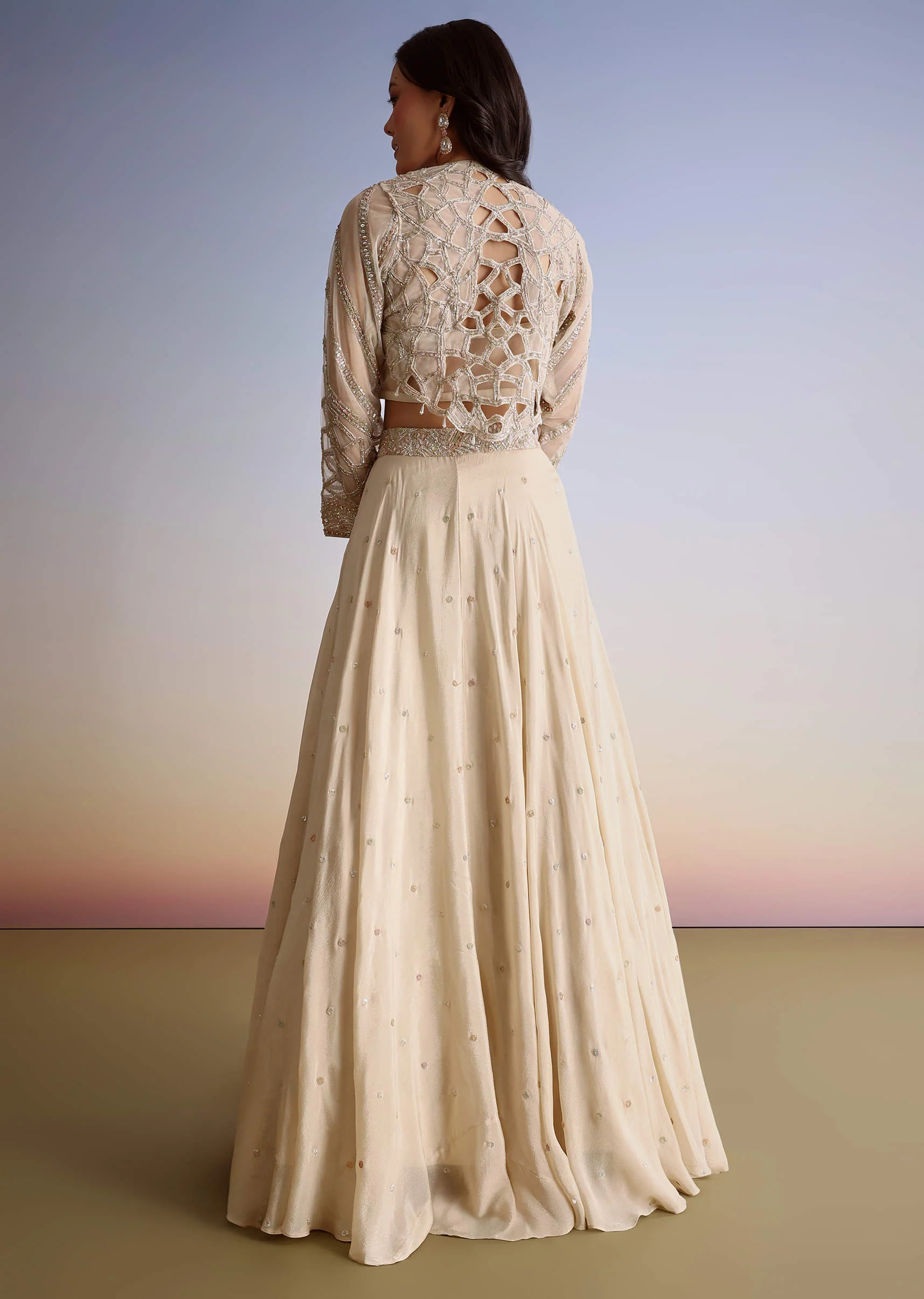 Beige Chinon Lehenga Jacket Set With Beads And Cutdana Work - Image 6