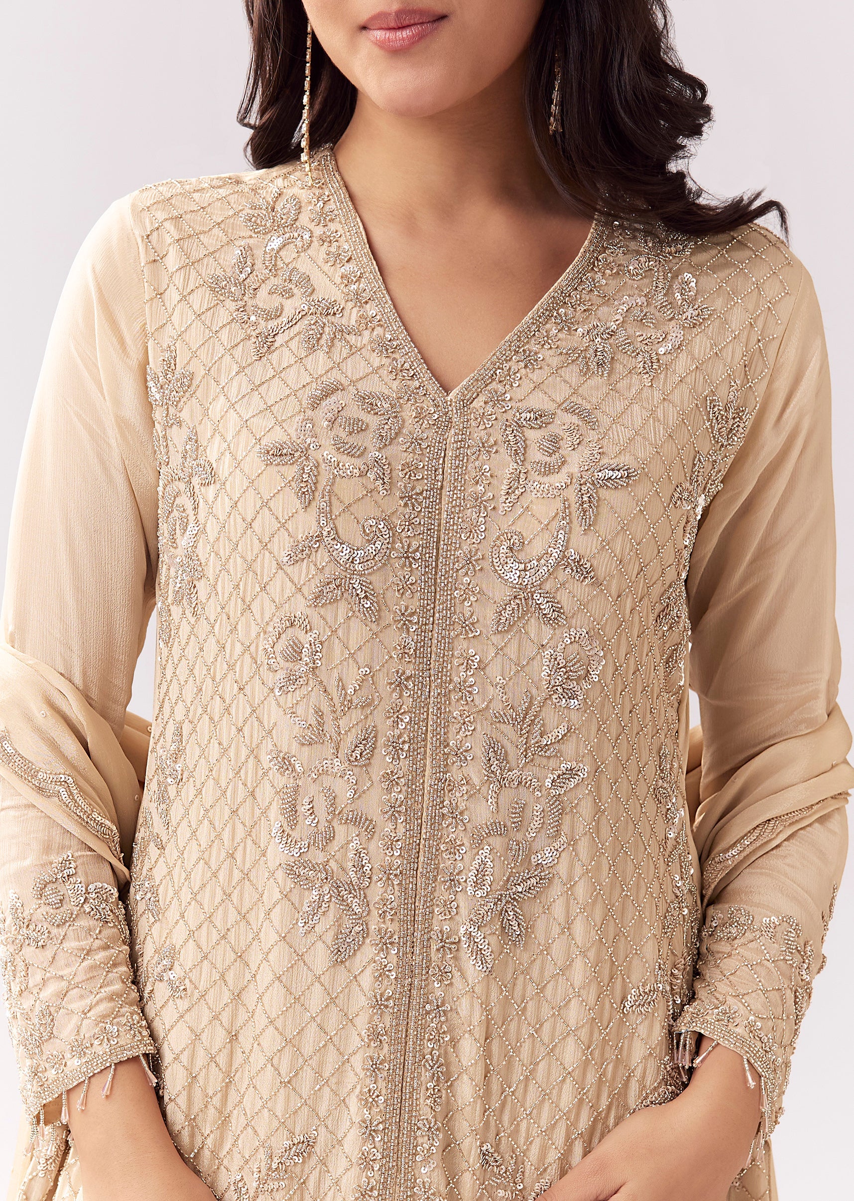 Beige Chinon Palazzo Suit With Heavy Detailing - Image 2