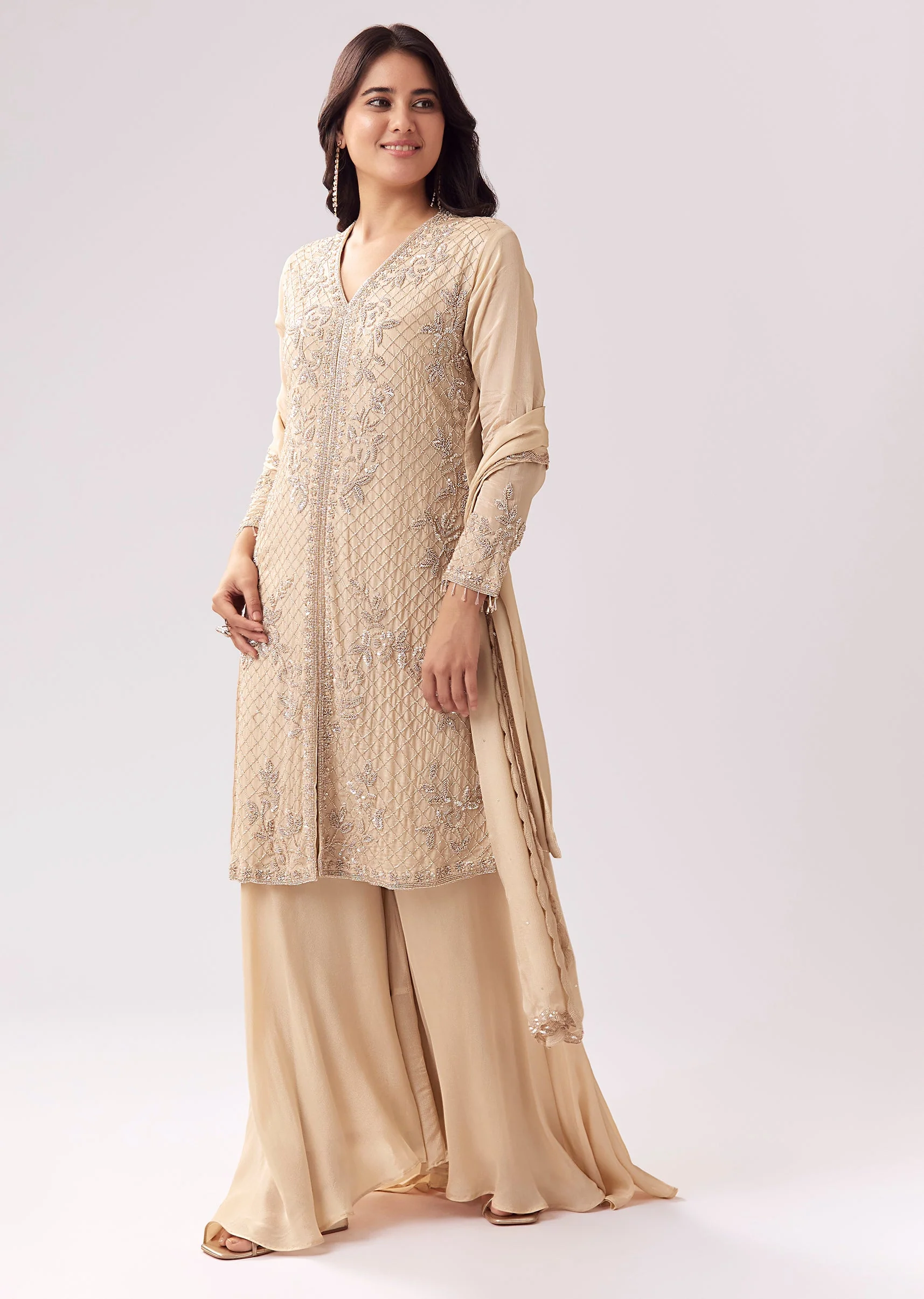 Beige Chinon Palazzo Suit With Heavy Detailing - Image 3