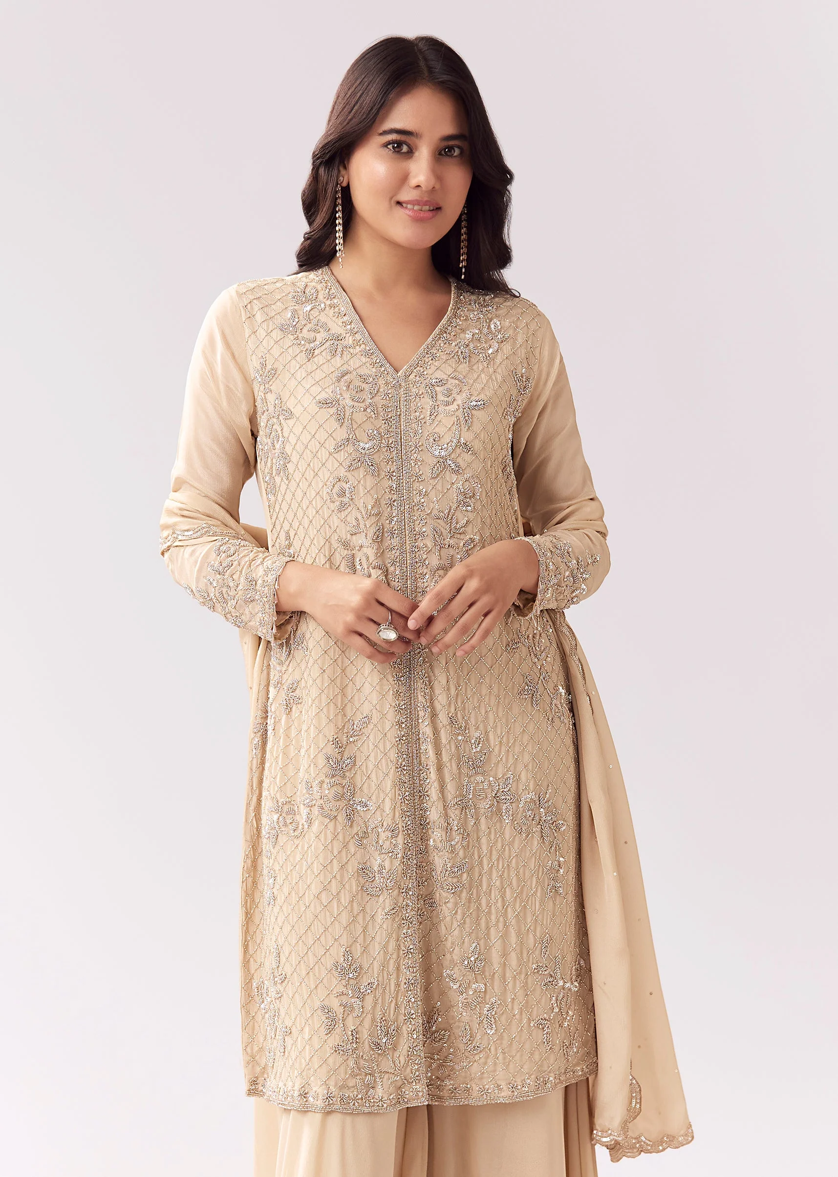 Beige Chinon Palazzo Suit With Heavy Detailing - Image 4