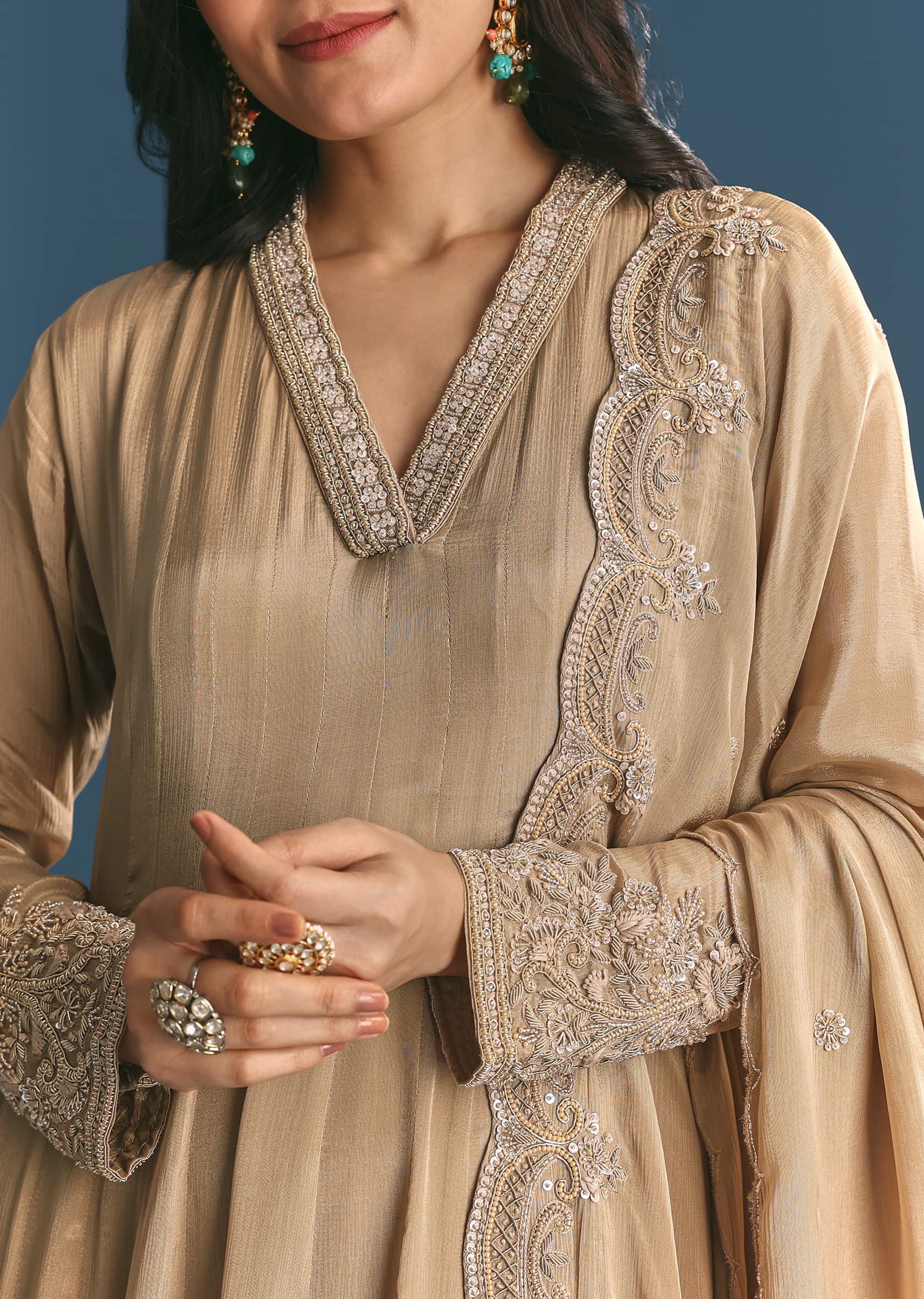 Beige Chinon Zardosi Work Anarkali Suit With Embroidered Dupatta - Image 4