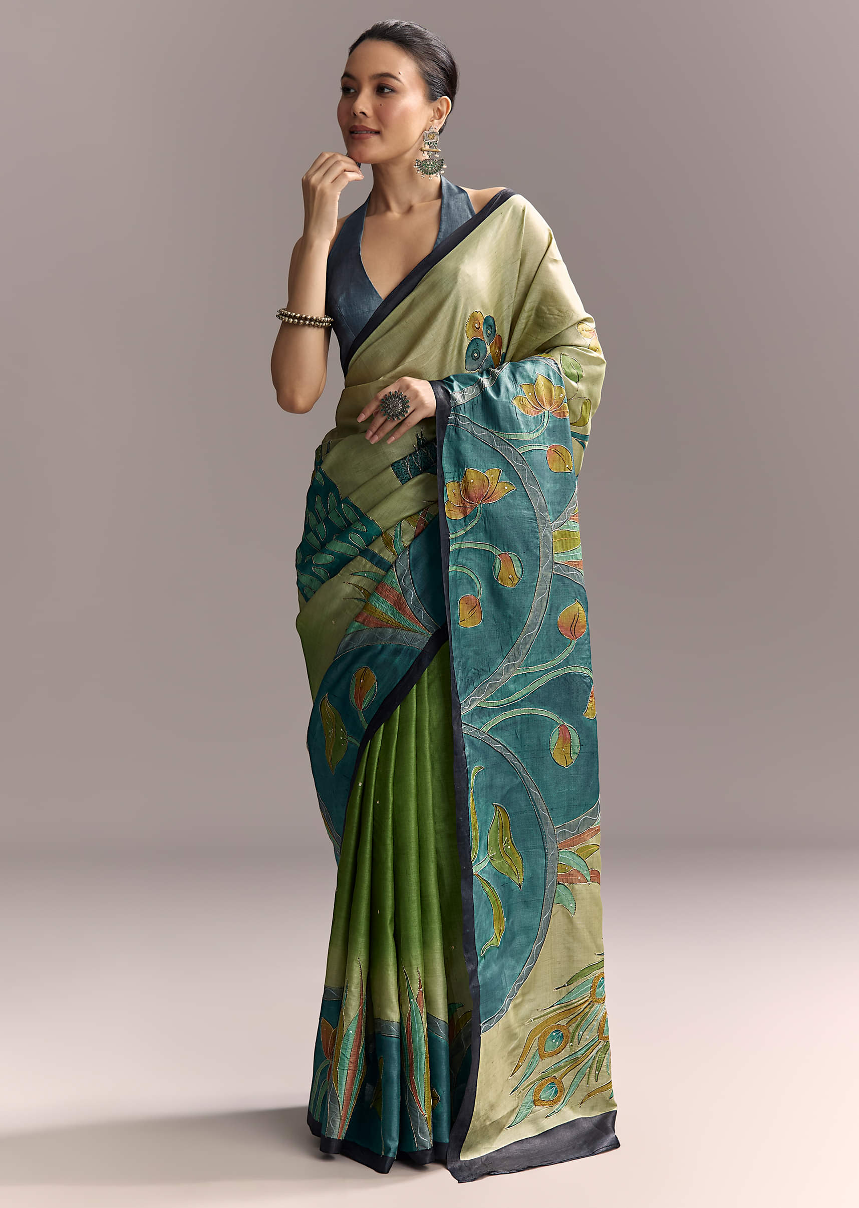 Beige Cotton Saree With Hand Painted Blue Motifs And Brown Border