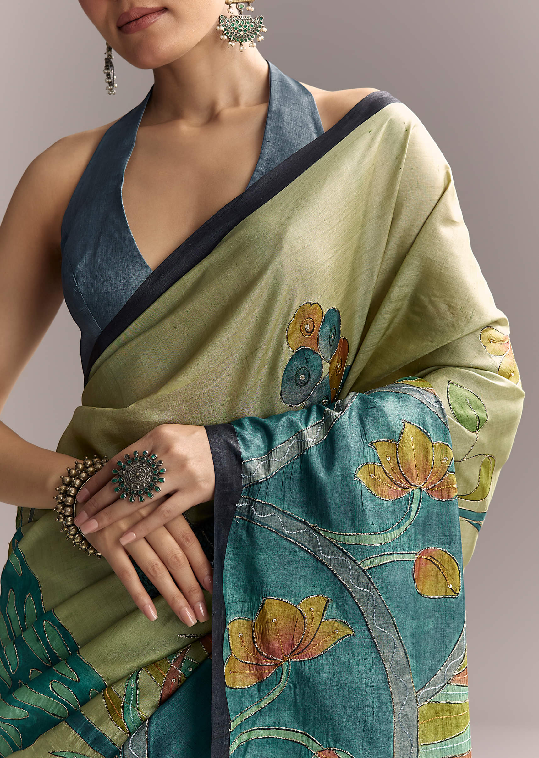 Beige Cotton Saree With Hand Painted Blue Motifs And Brown Border - Image 2