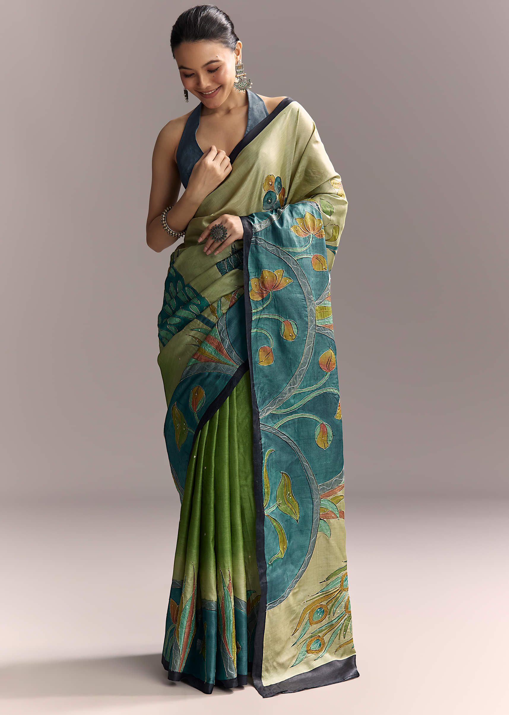 Beige Cotton Saree With Hand Painted Blue Motifs And Brown Border - Image 3