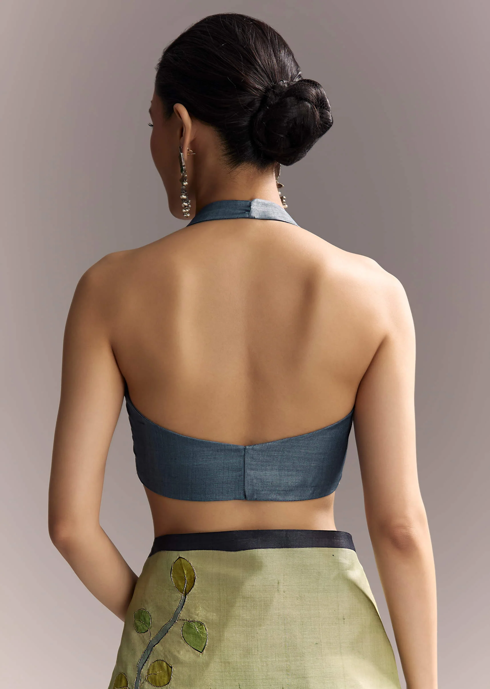Beige Cotton Saree With Hand Painted Blue Motifs And Brown Border - Image 8