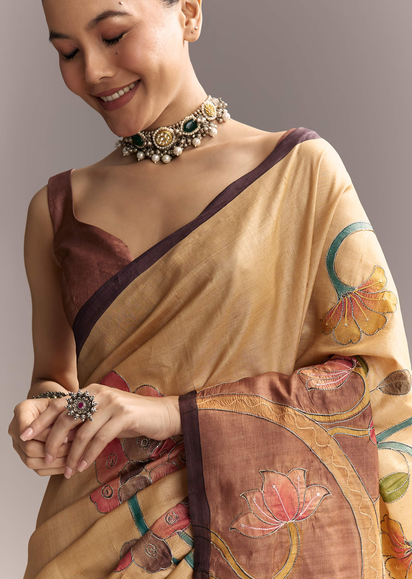 Beige Cotton Saree With Hand Painted Motifs And Brown Border - Image 2