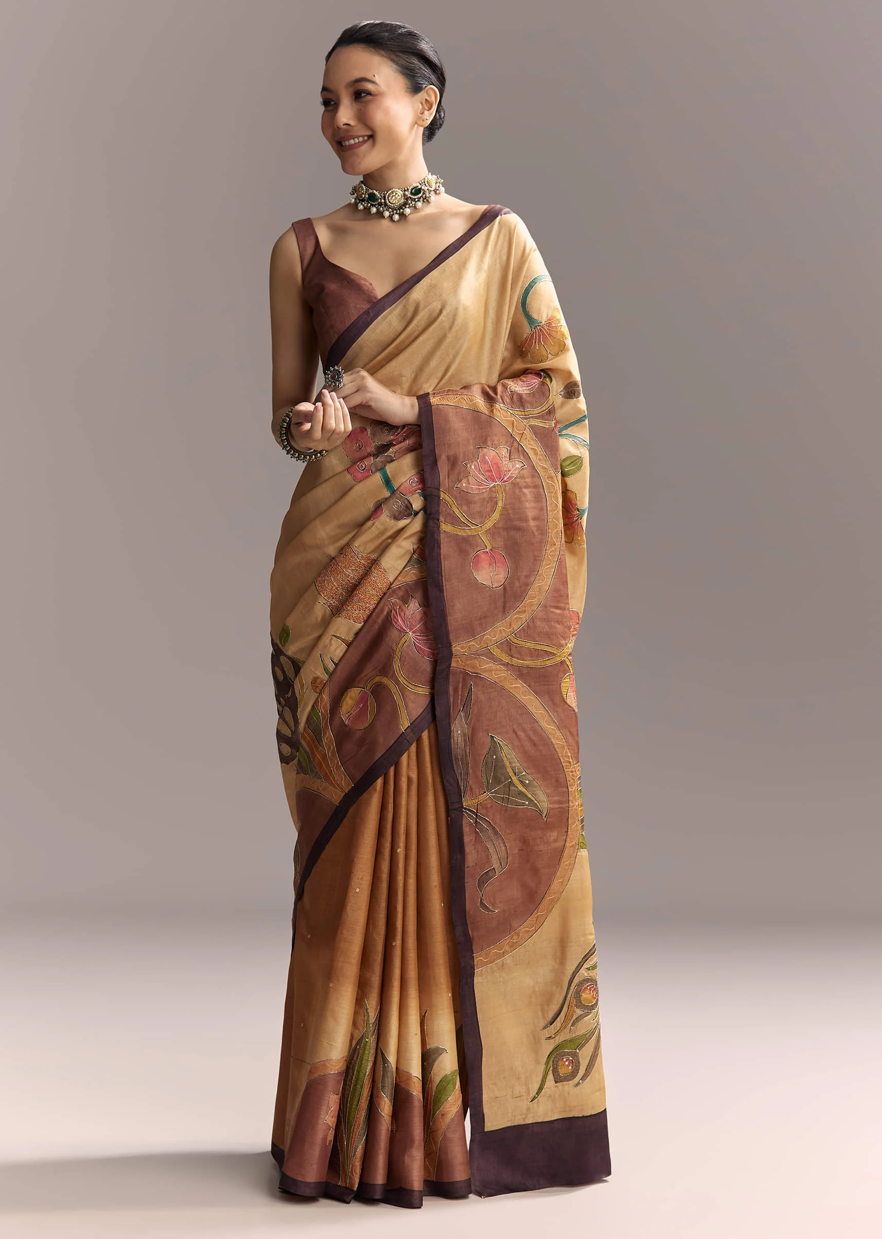 Beige Cotton Saree With Hand Painted Motifs And Brown Border - Image 3