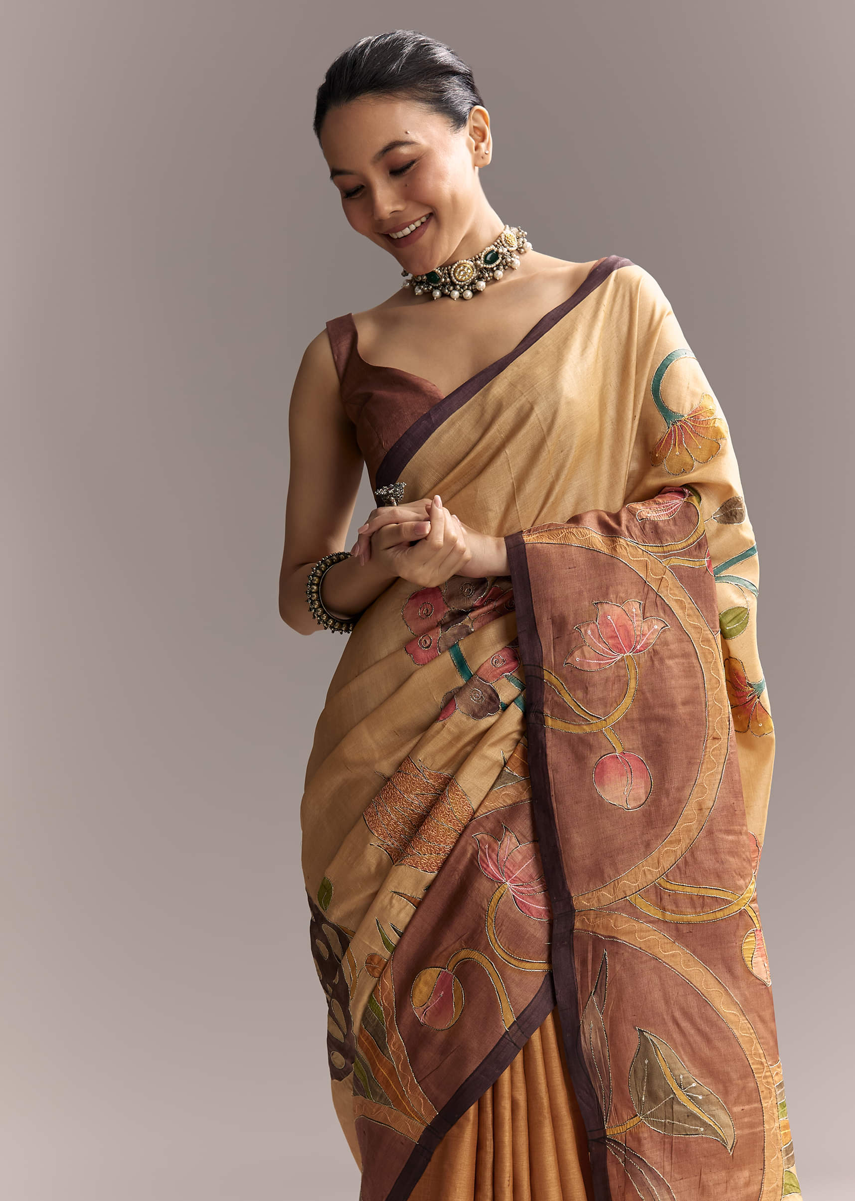 Beige Cotton Saree With Hand Painted Motifs And Brown Border - Image 5