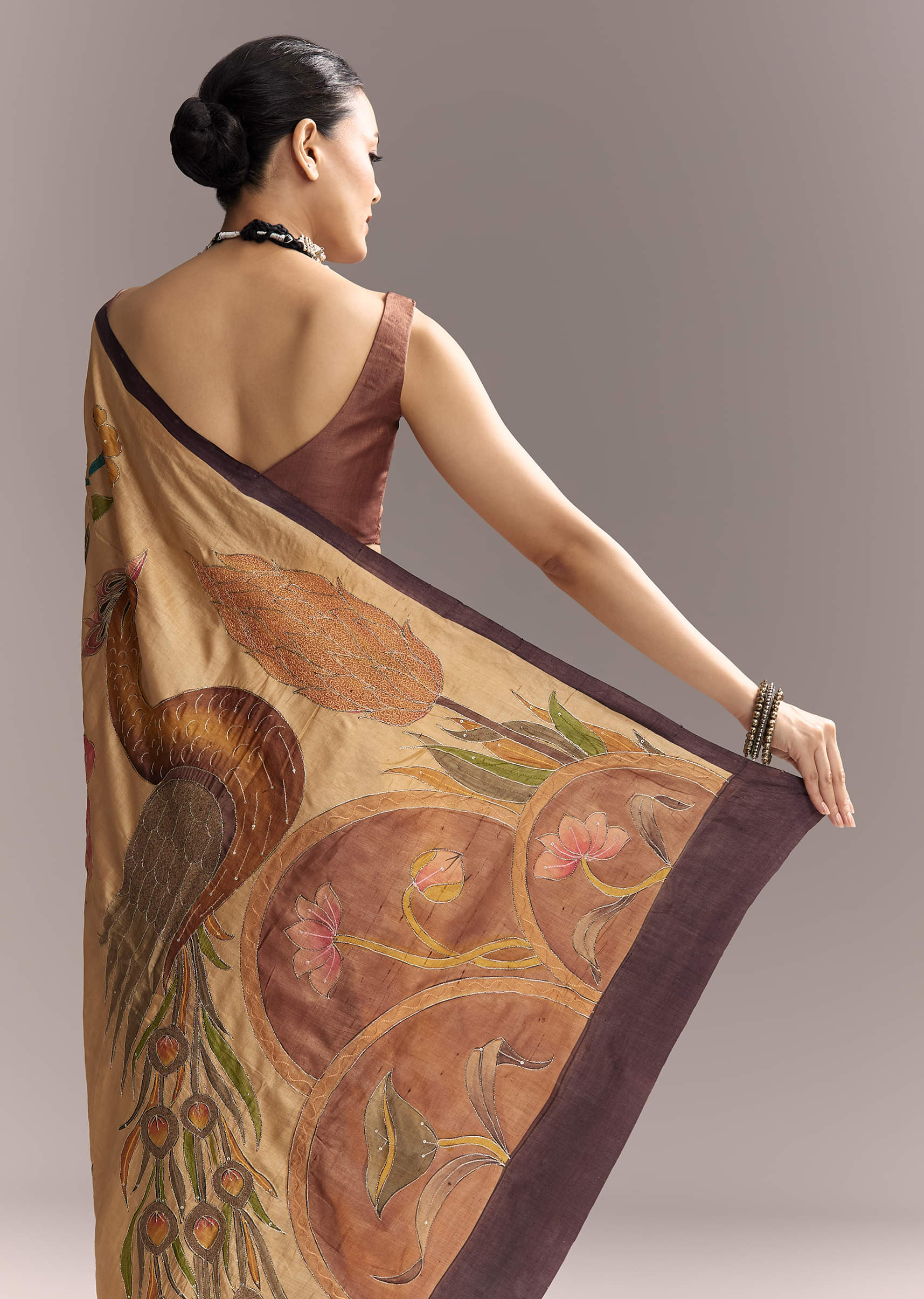 Beige Cotton Saree With Hand Painted Motifs And Brown Border - Image 6