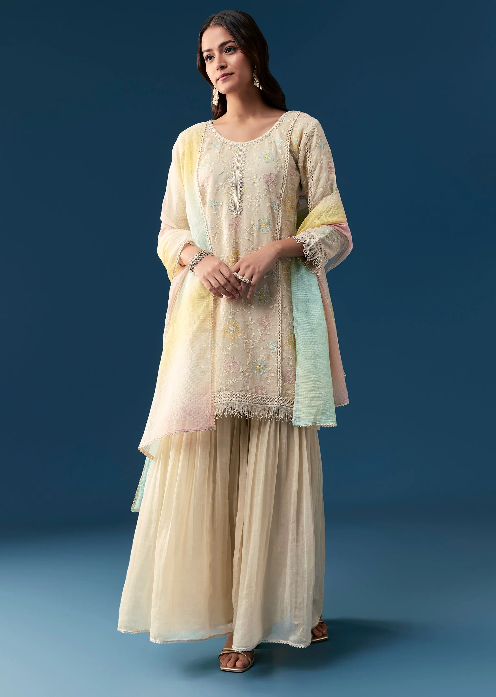 Beige Cotton Sharara Set With Thread And Sequins Work - Image 2