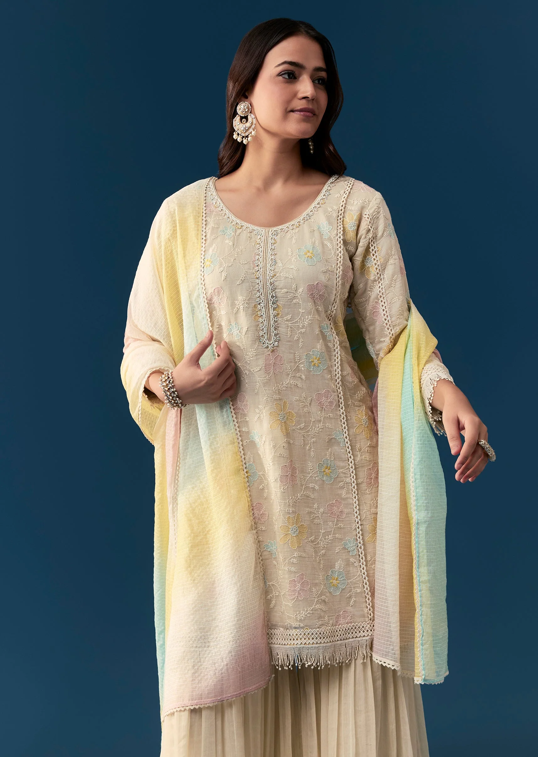 Beige Cotton Sharara Set With Thread And Sequins Work - Image 4