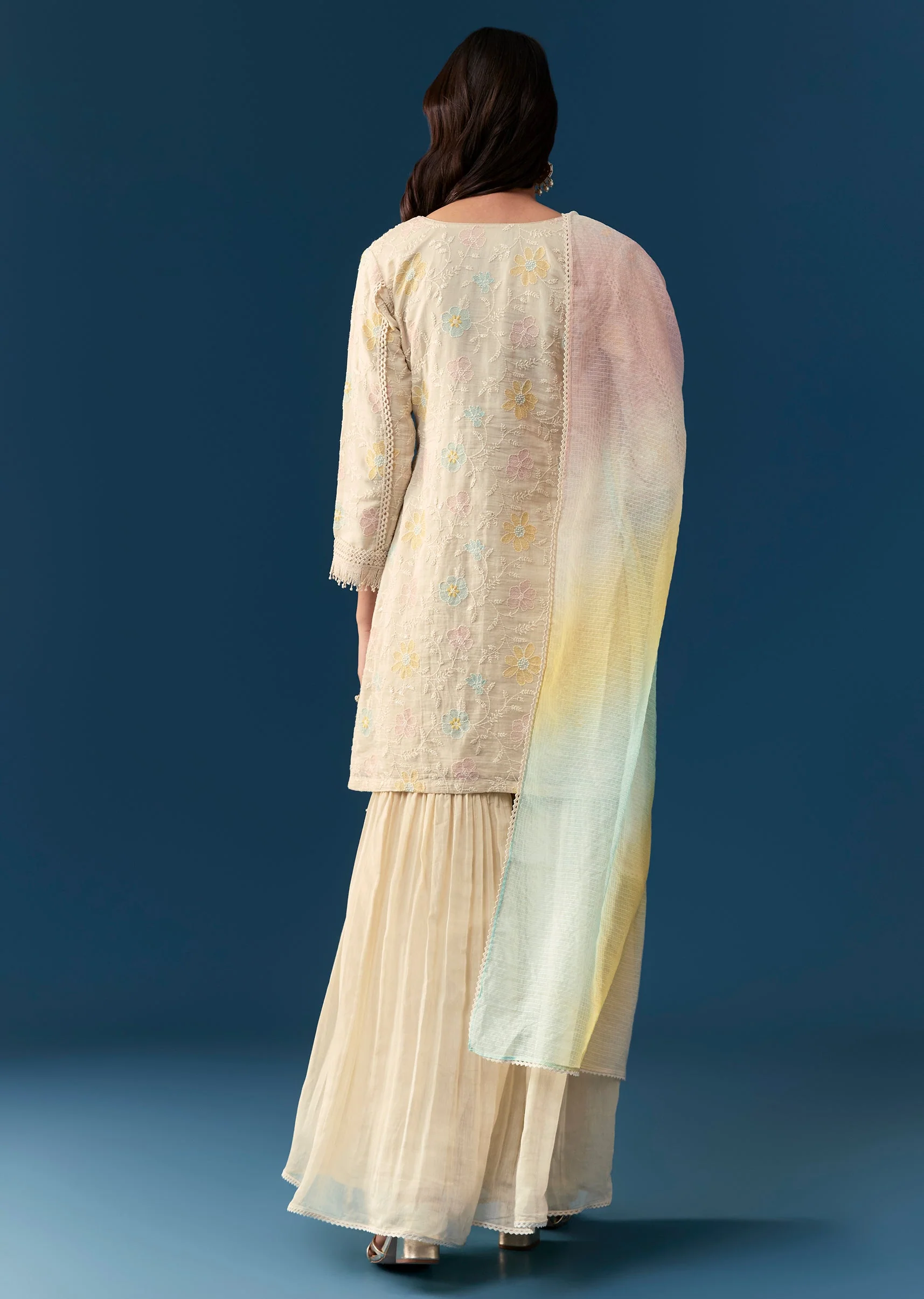 Beige Cotton Sharara Set With Thread And Sequins Work - Image 5