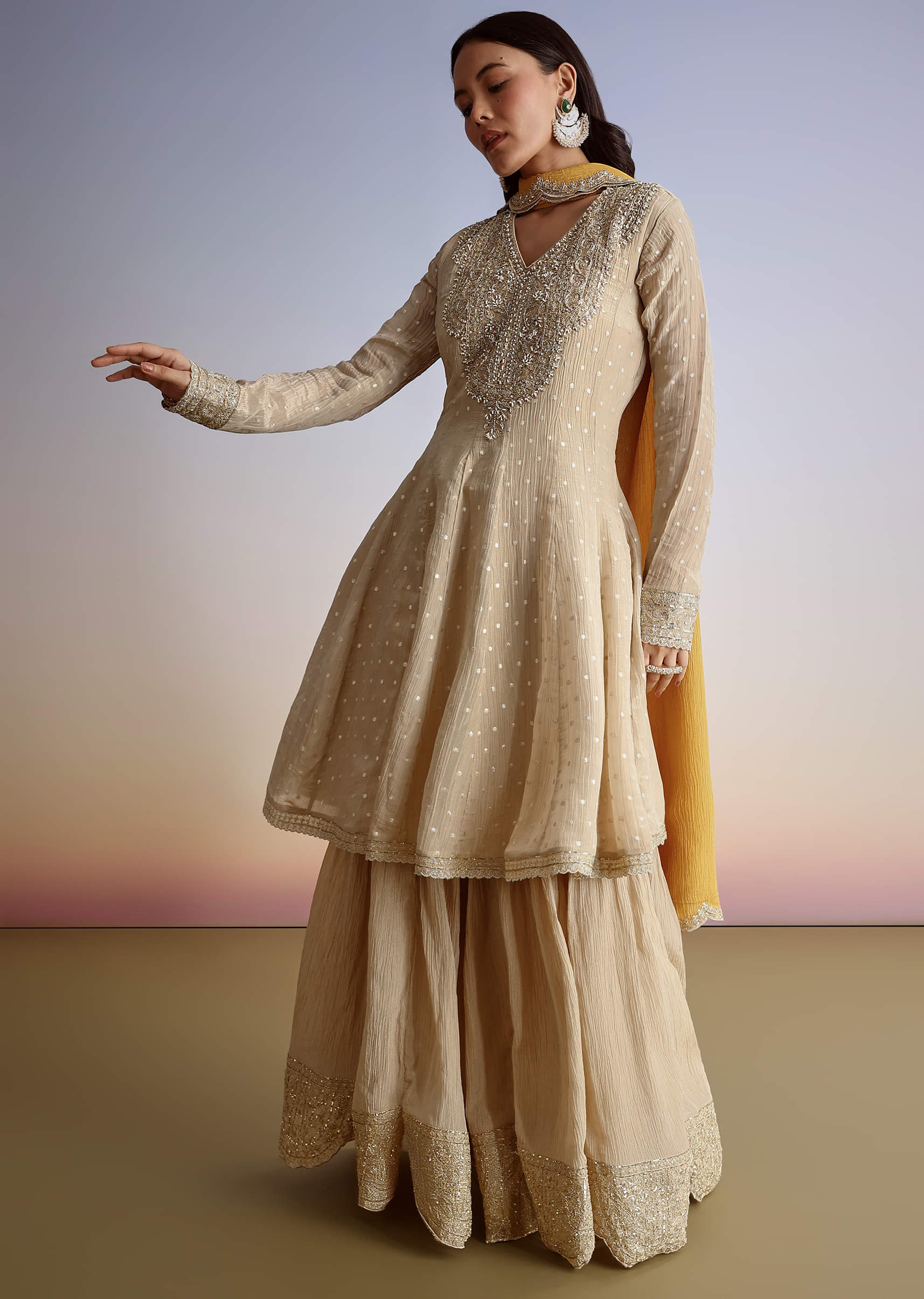 Beige Crush Tissue Embroidered Kurta Sharara Suit With Dupatta - Image 3