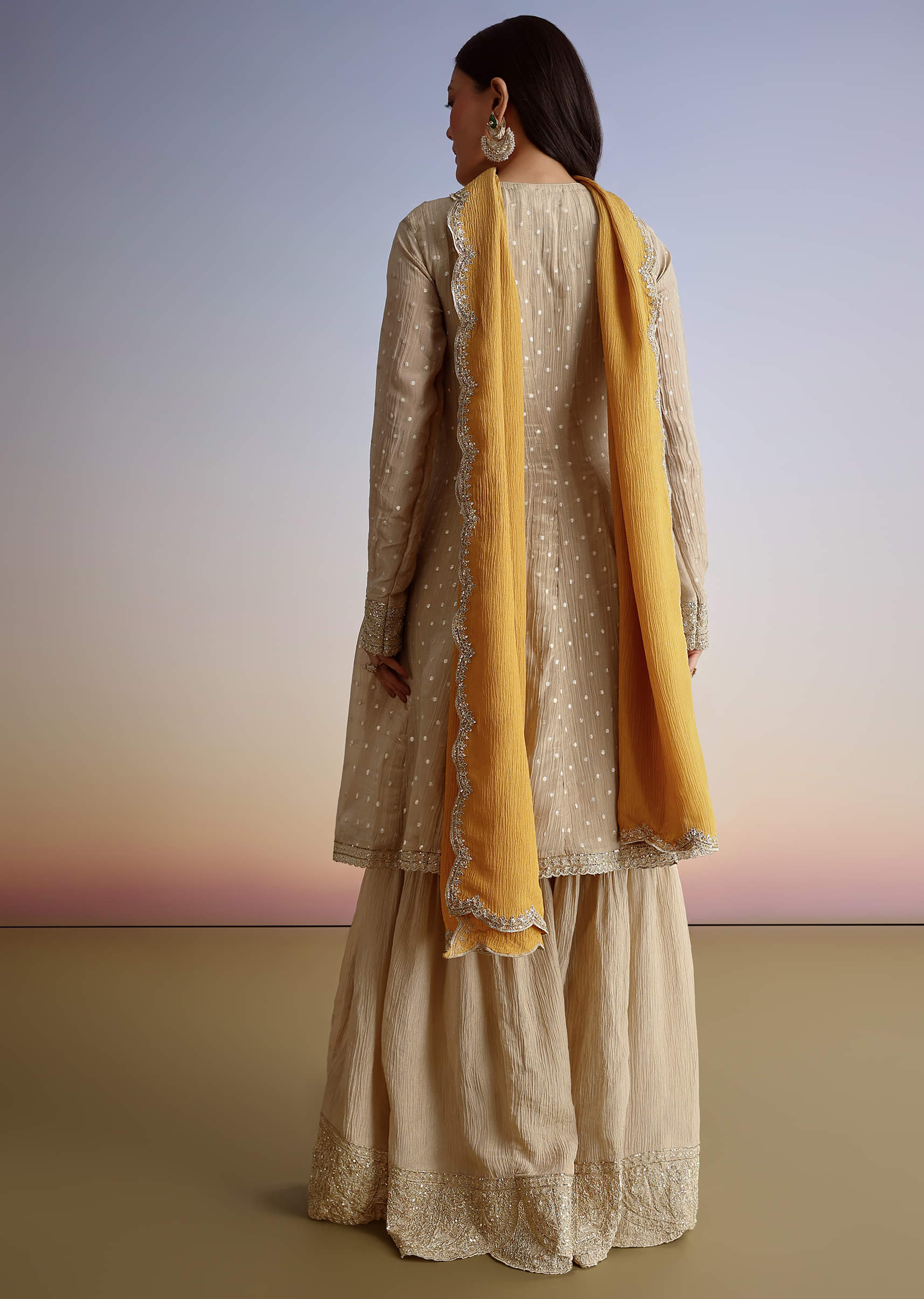 Beige Crush Tissue Embroidered Kurta Sharara Suit With Dupatta - Image 4