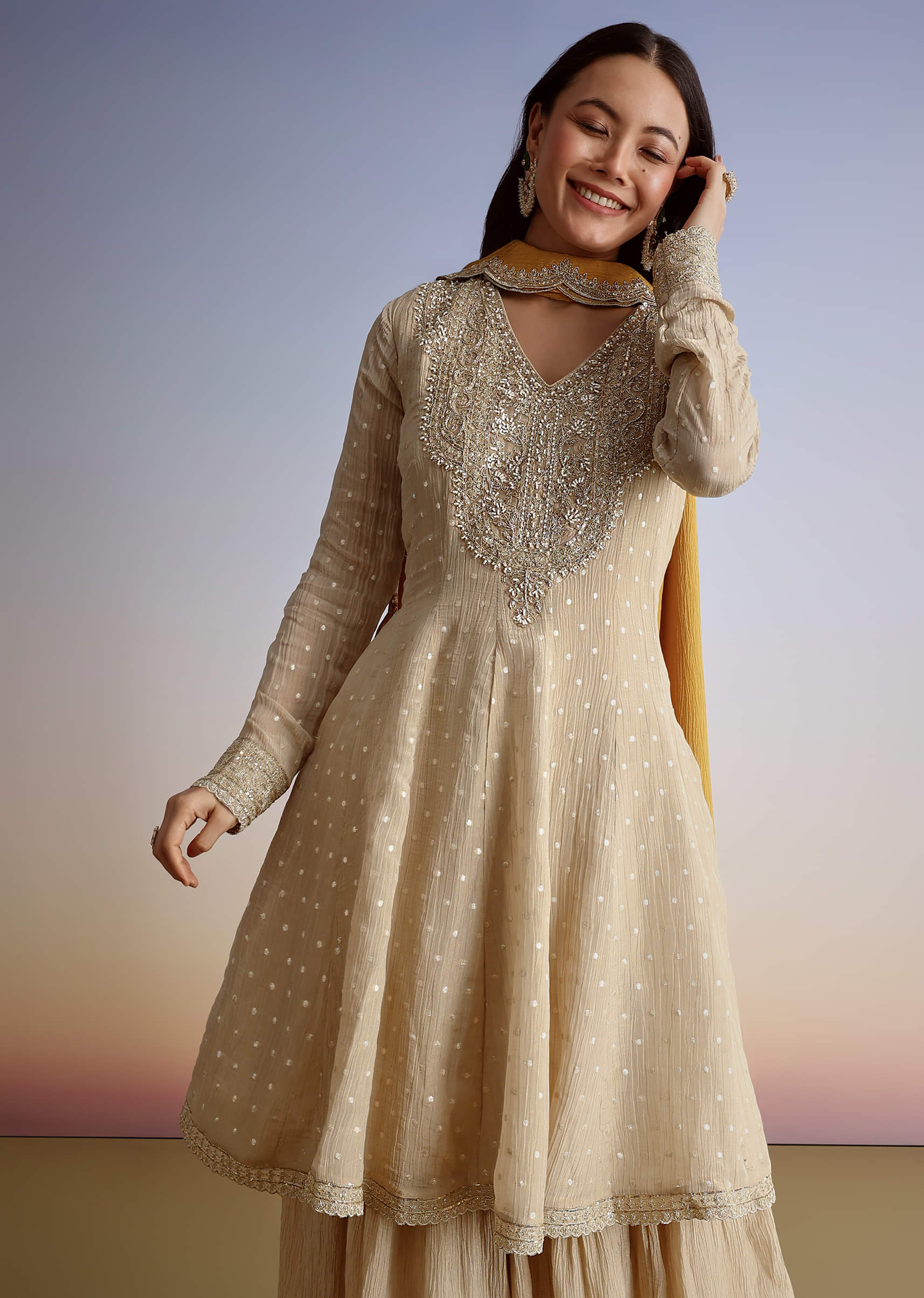 Beige Crush Tissue Embroidered Kurta Sharara Suit With Dupatta - Image 5