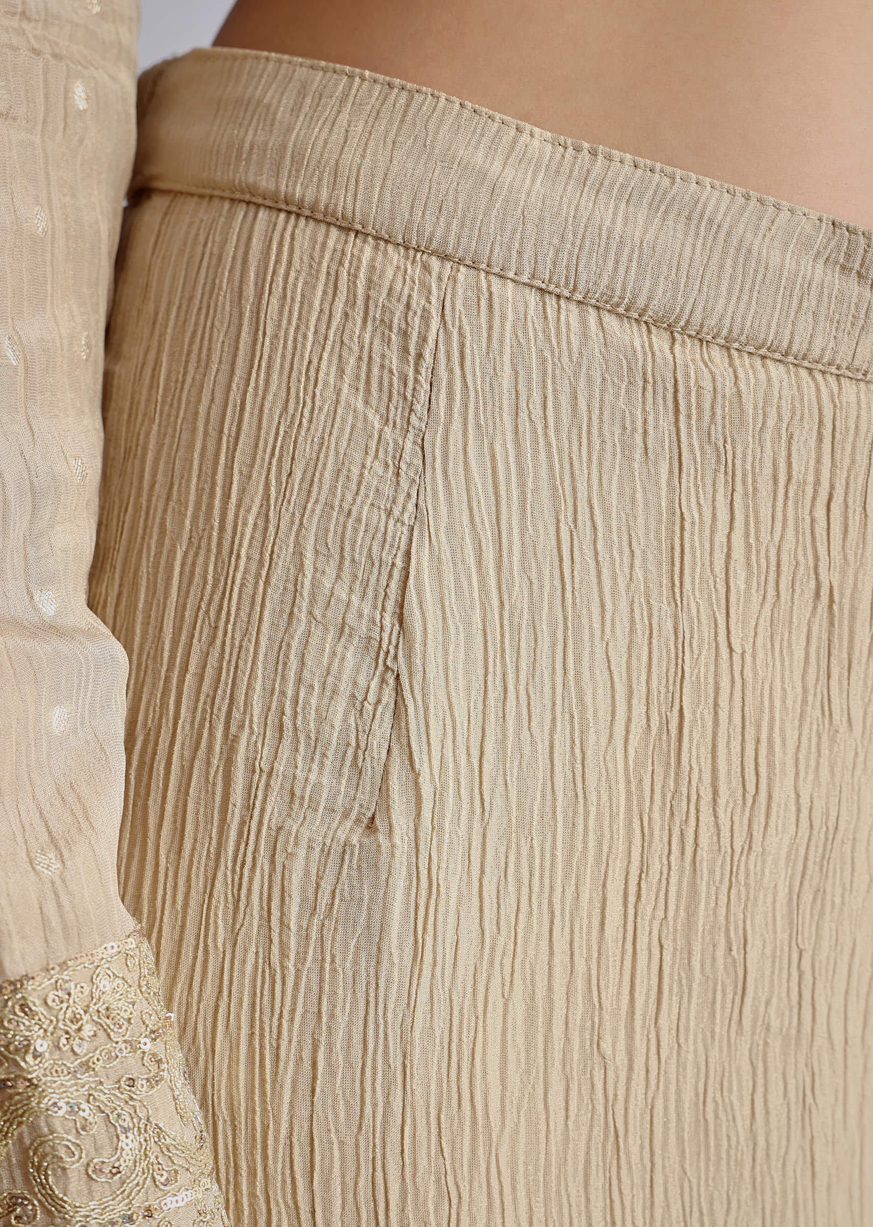 Beige Crush Tissue Embroidered Kurta Sharara Suit With Dupatta - Image 6
