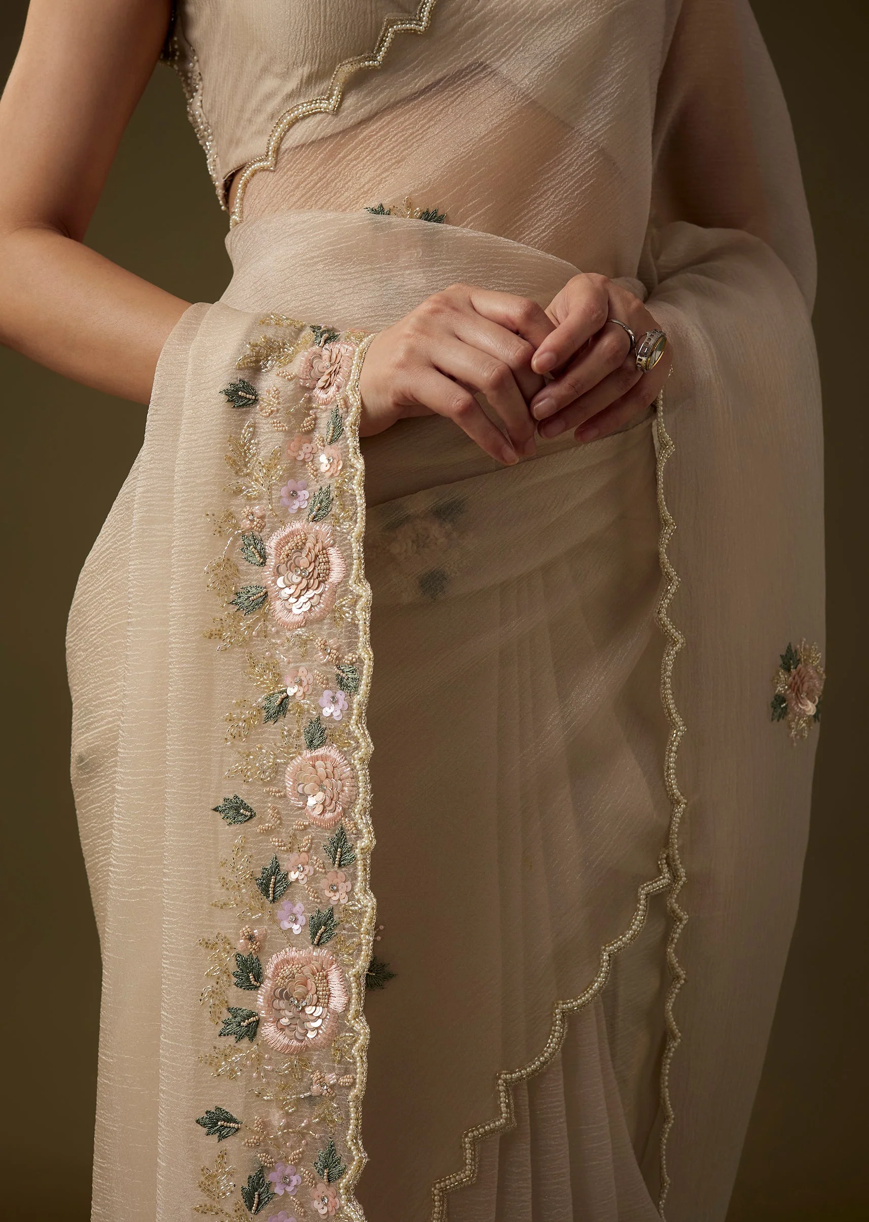 Beige Crush Tissue Embroidered Saree with Unstitched Blouse - Image 2