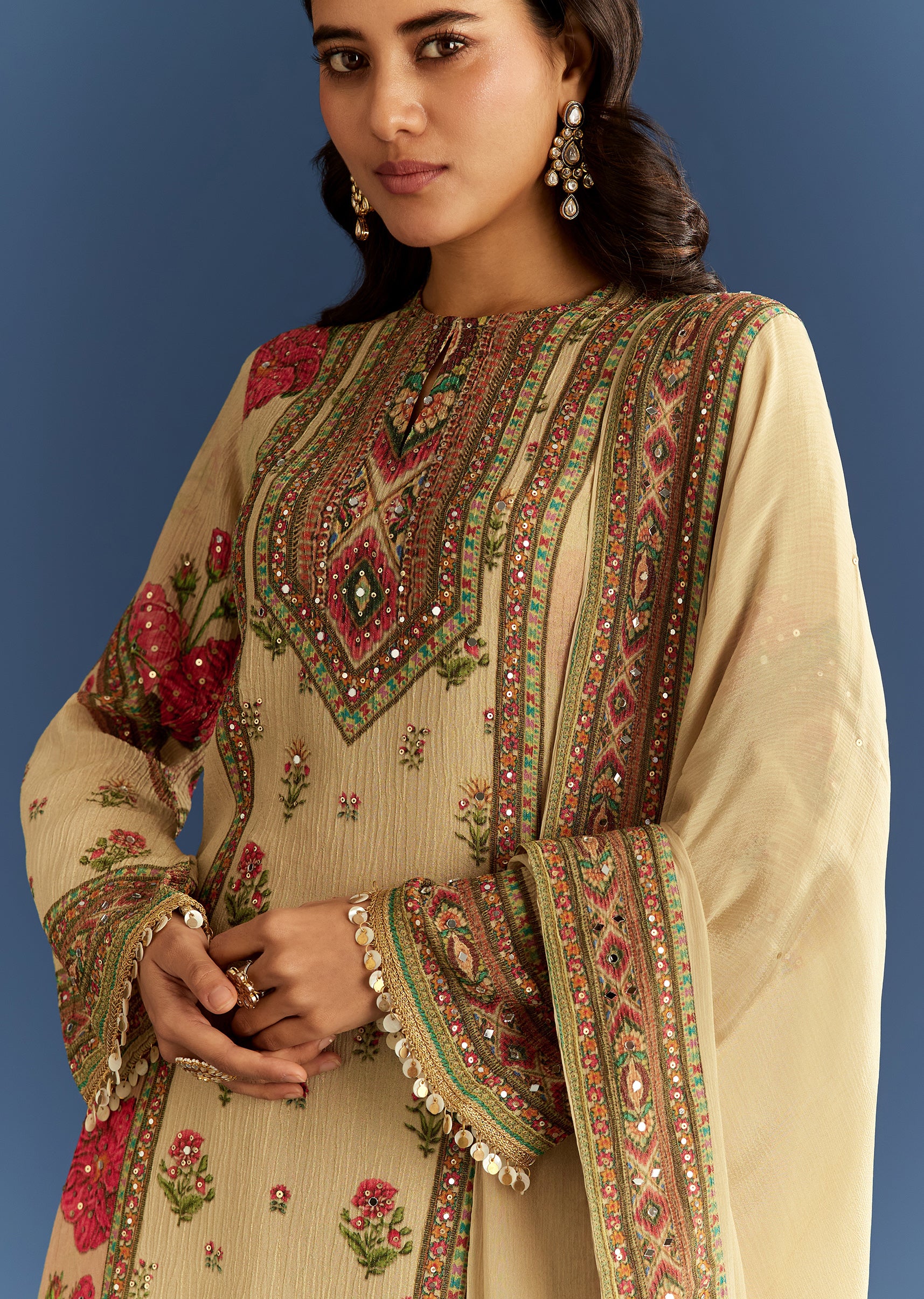 Beige Crush Tissue Floral Printed Kurta Palazzo With Dupatta - Image 2
