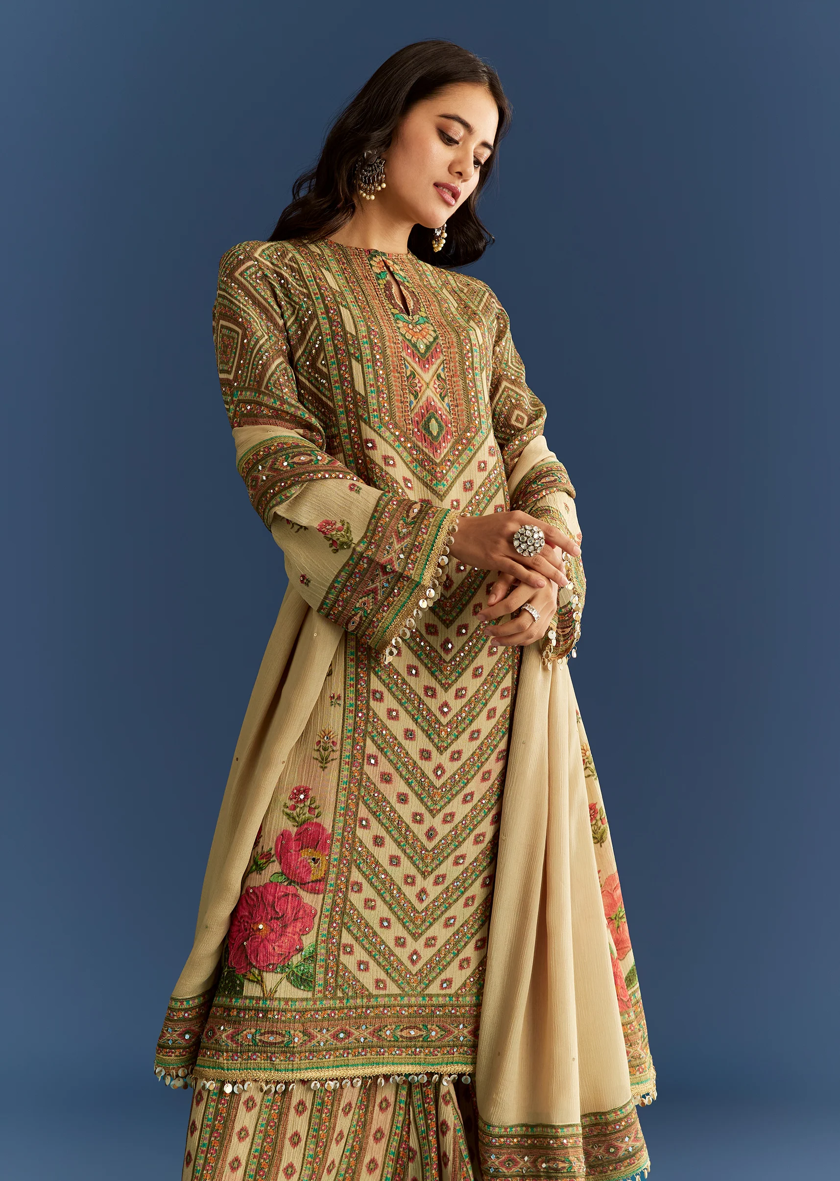 Beige Crush Tissue Floral Printed Kurta With Printed Palazzo - Image 4