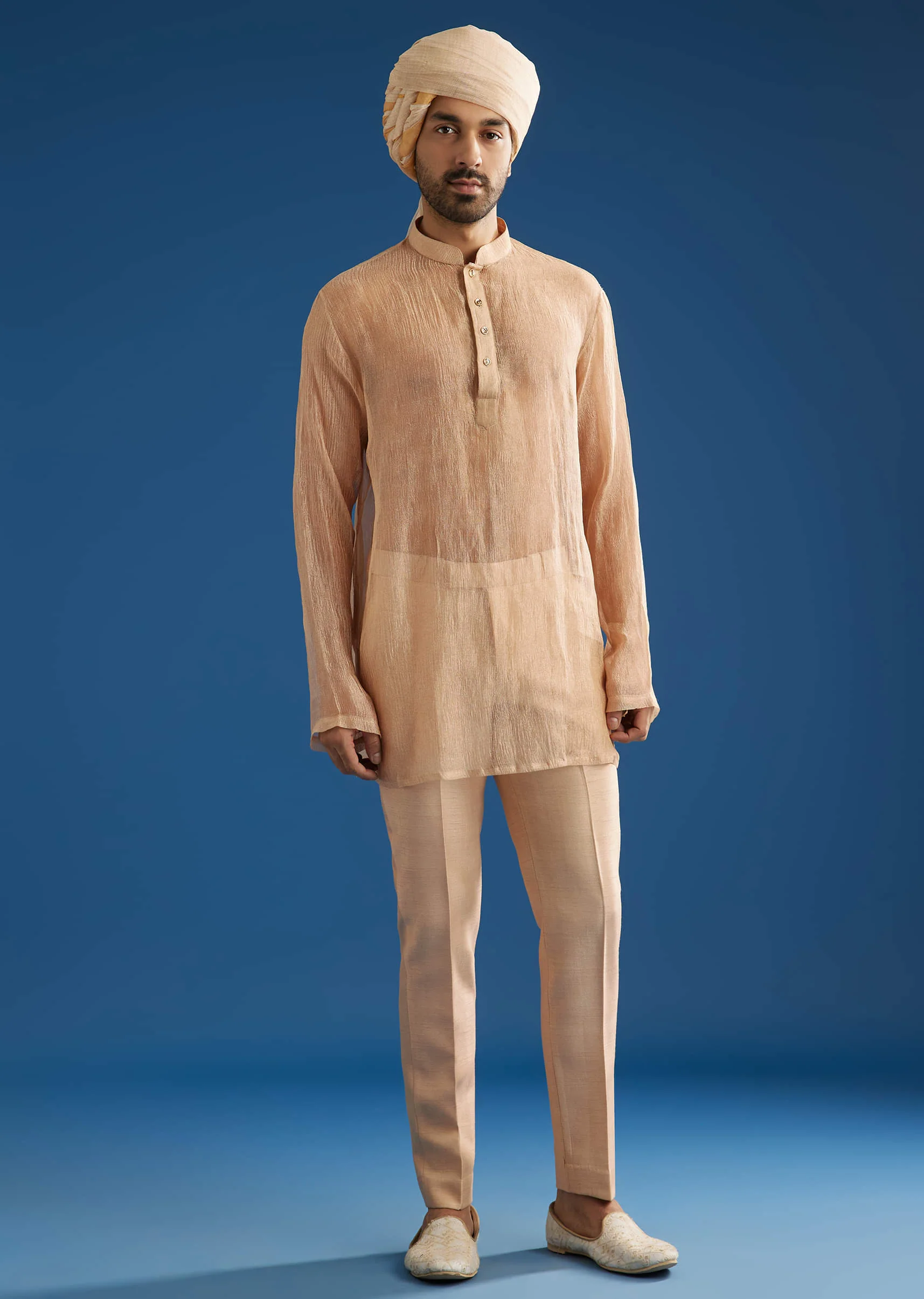 Beige Crush Tissue Sherwani Set With Hand Embroidery - Image 6
