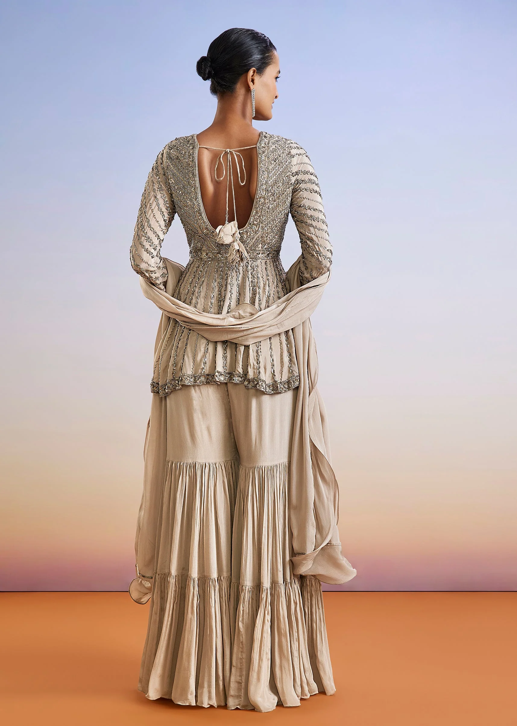 Beige Cut Dana Embroidered Peplum Sharara Suit With Dupatta - Image 5