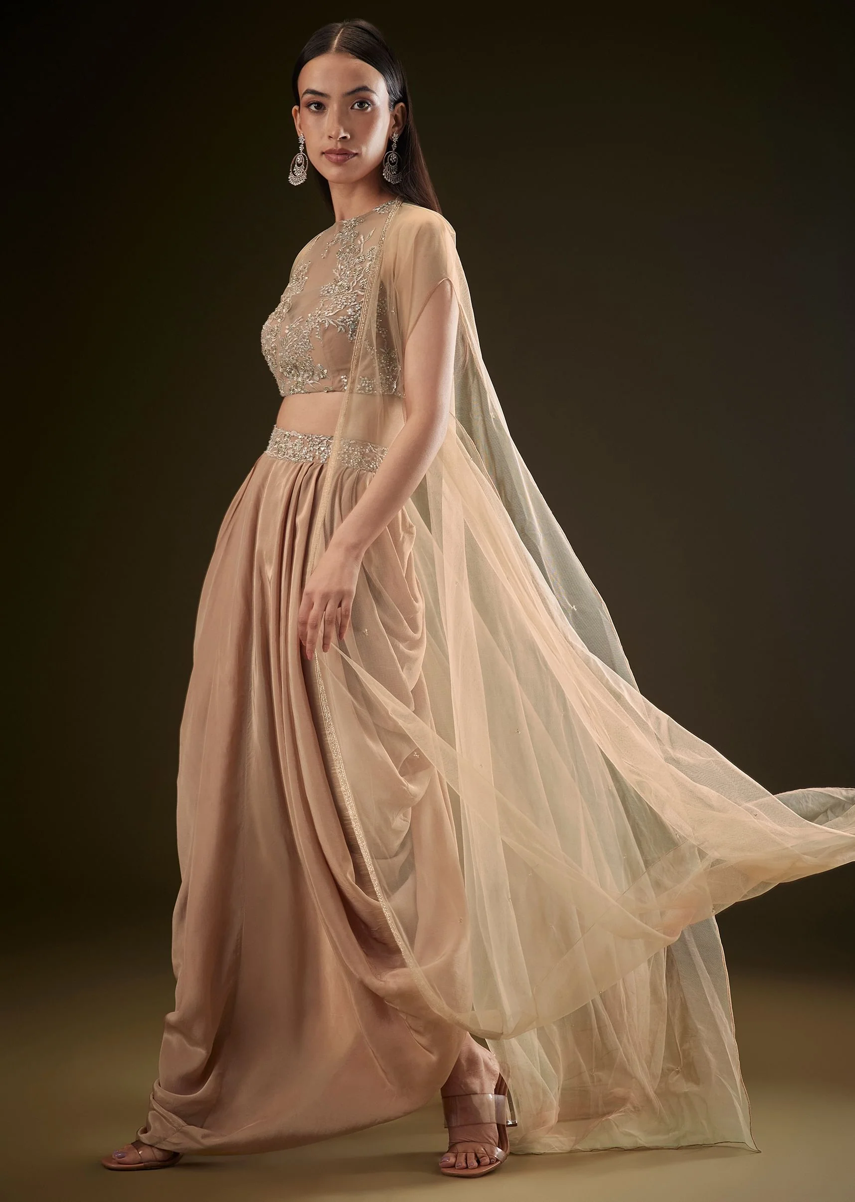 Beige Drape Dhoti Skirt With Embroidered Bustier And Long Cape - Image 3