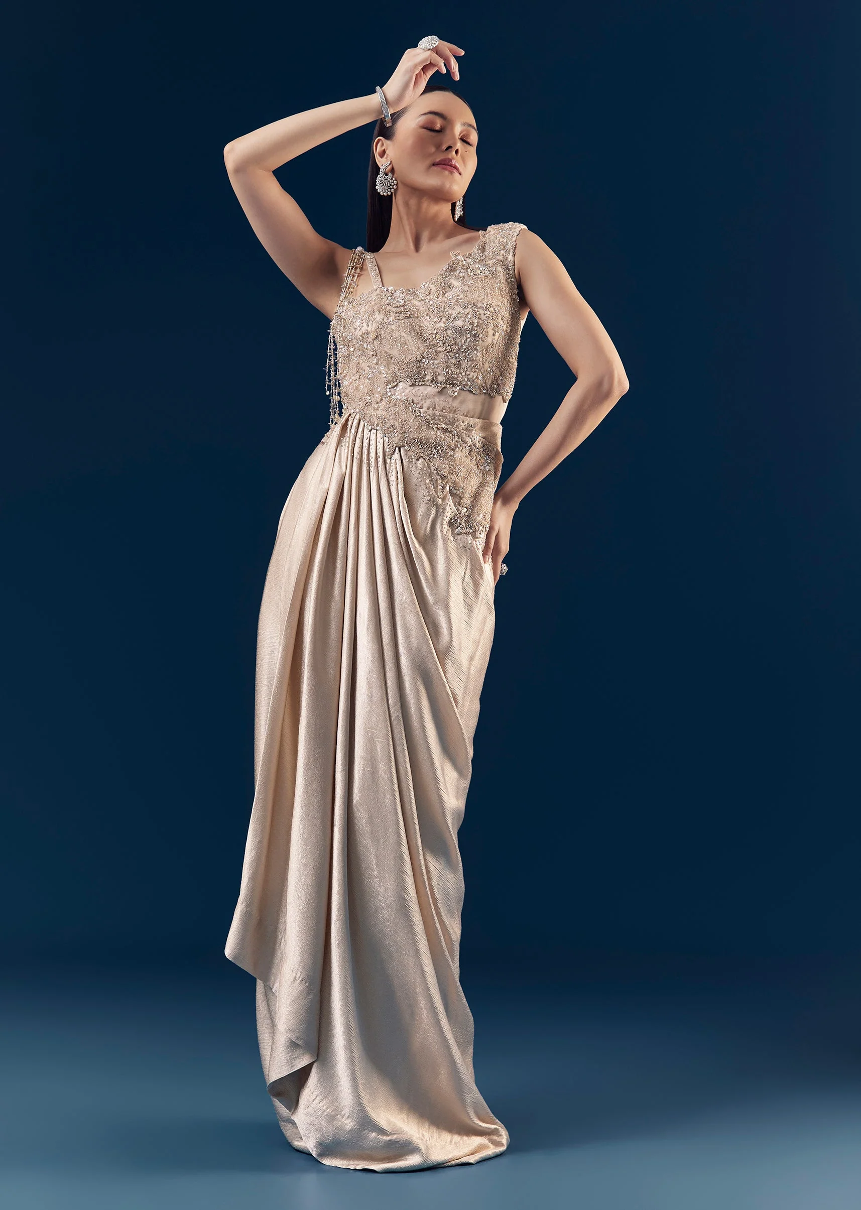 Beige Embellished Satin Draped Gown - Image 4
