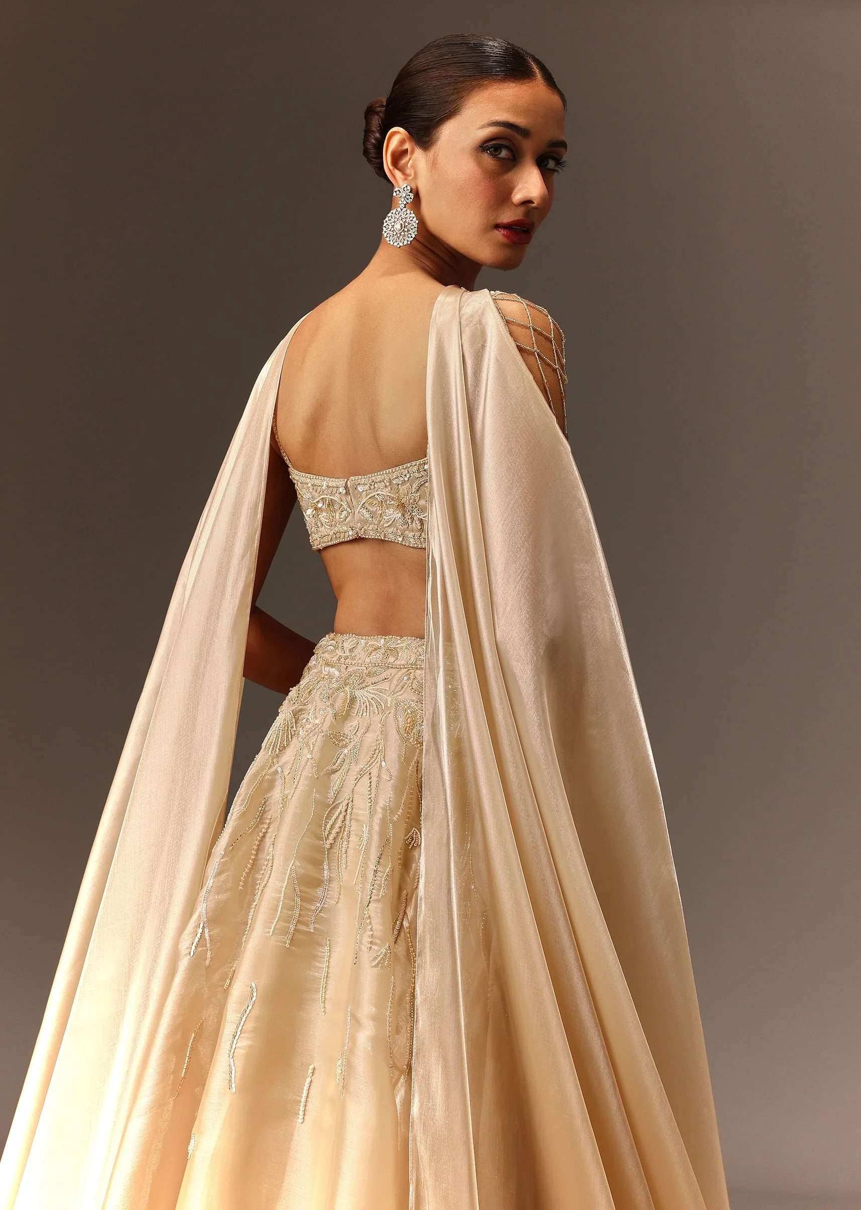 Beige Embroidered Blouse With Skirt And Choker Dupatta - Image 4