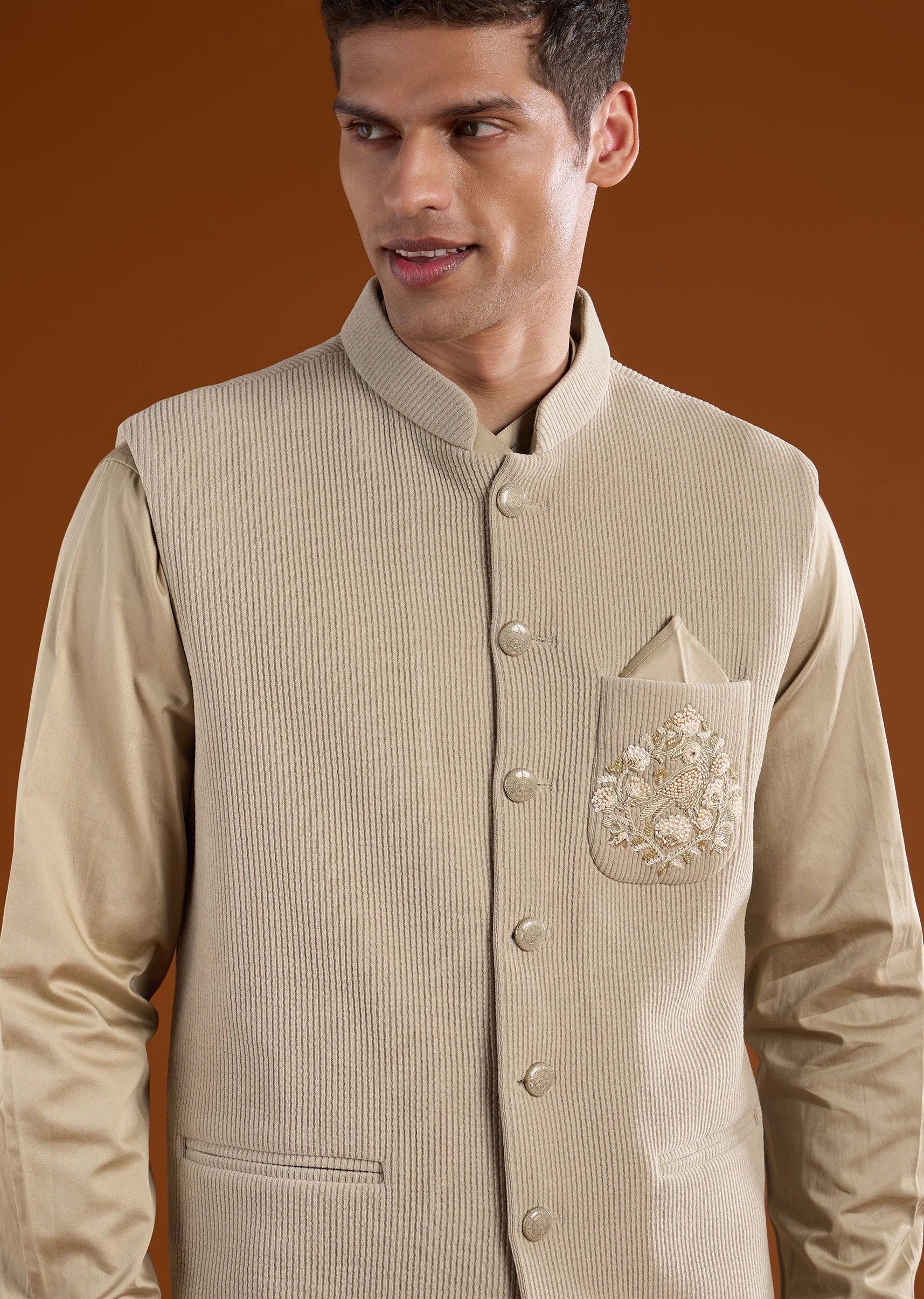 Beige Embroidered Corduroy Kurta Jacket Set - Image 3