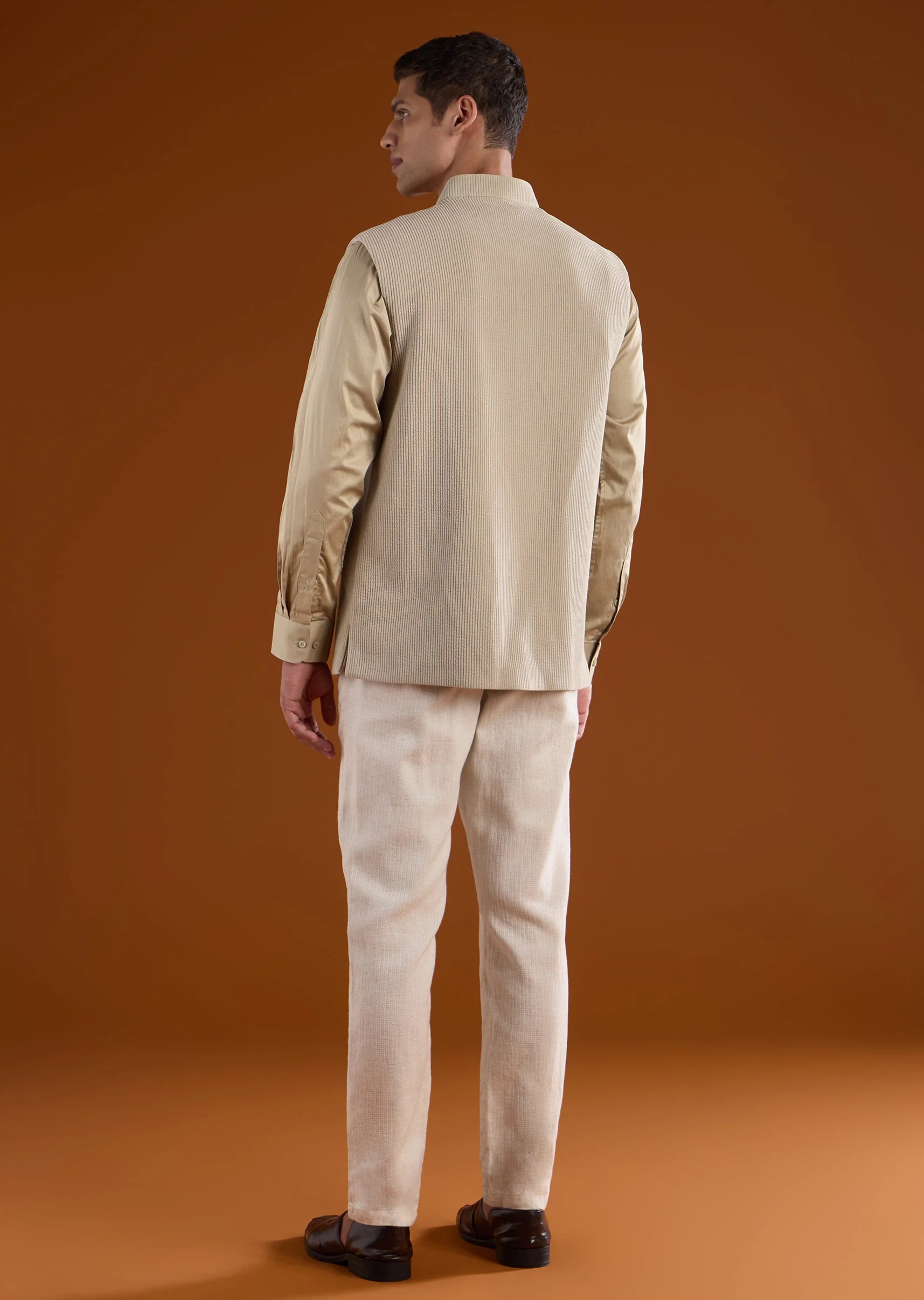 Beige Embroidered Corduroy Kurta Jacket Set - Image 5