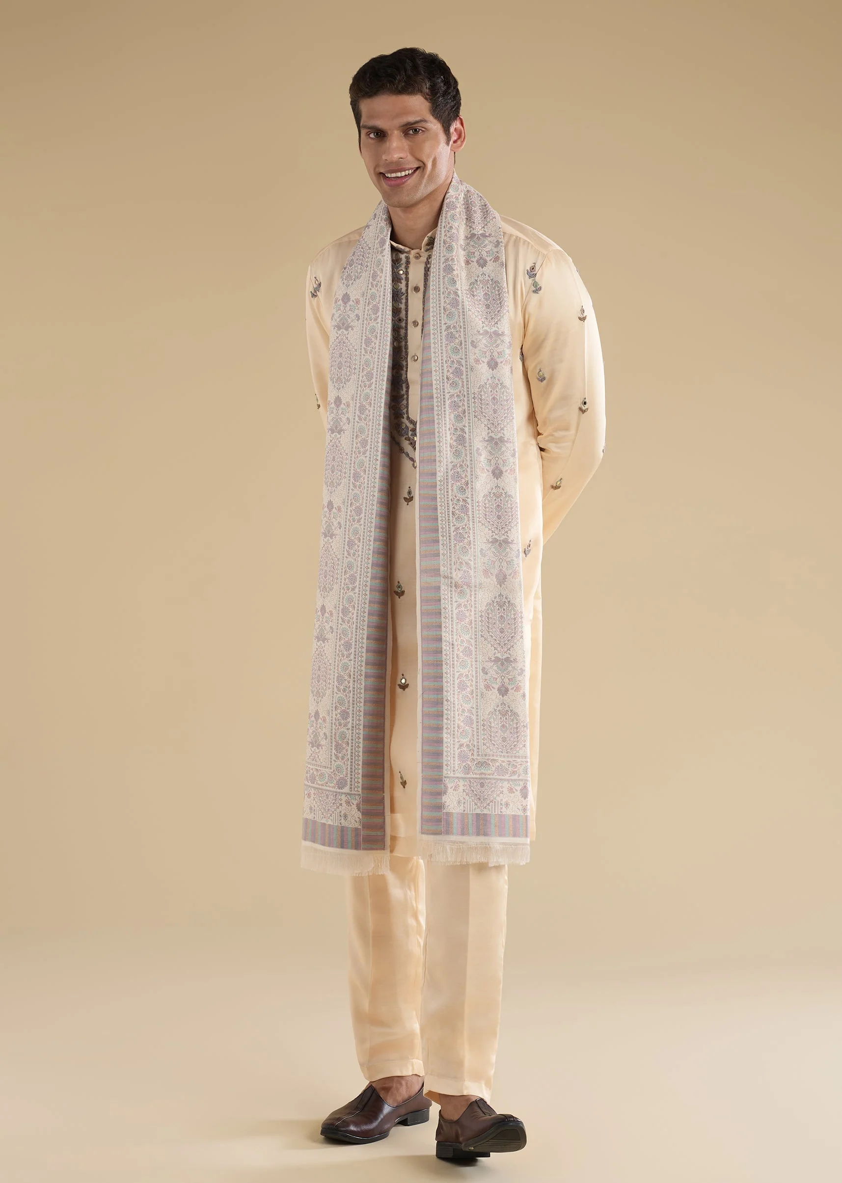 Beige Embroidered Kurta Set With Dupatta - Image 3
