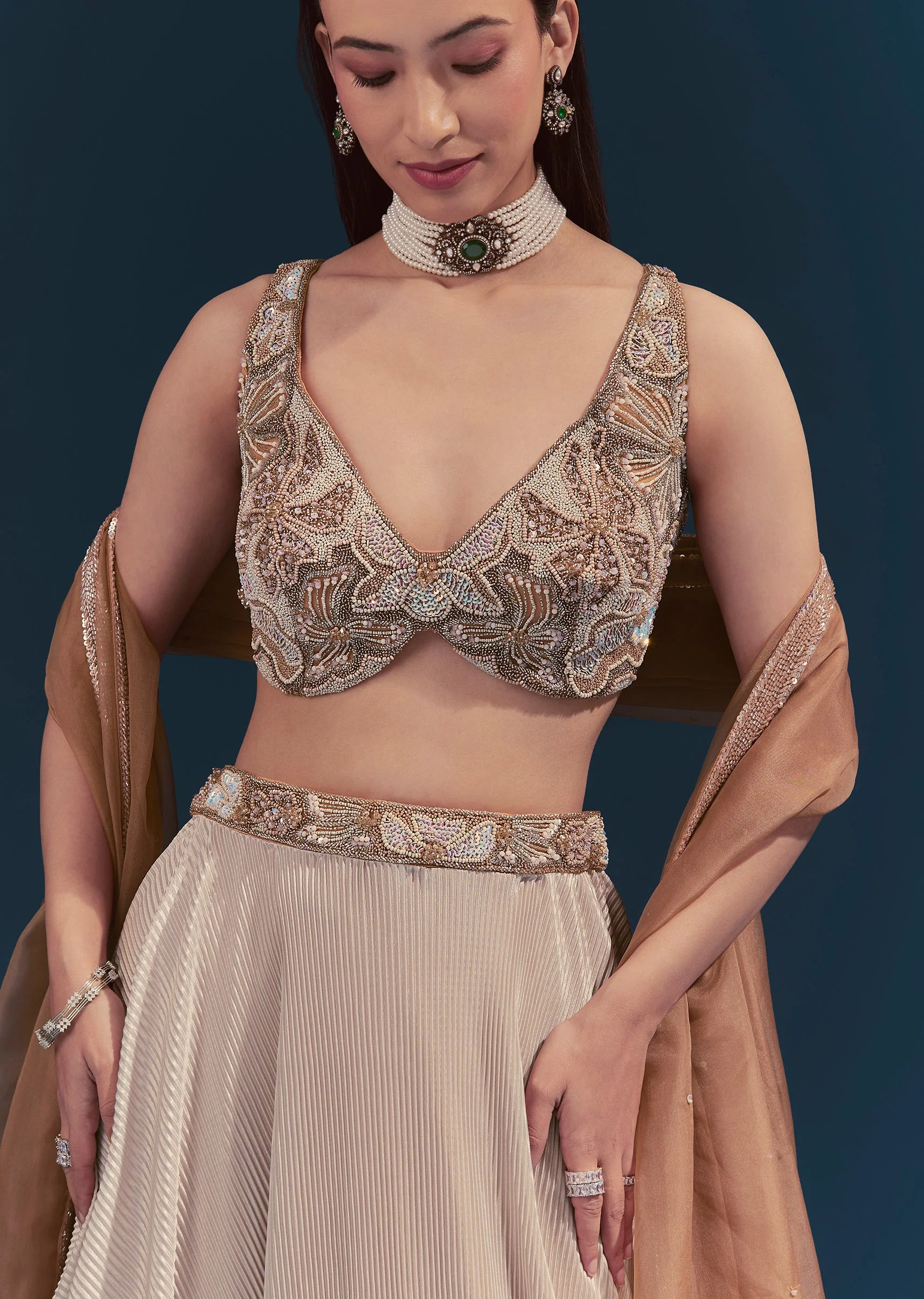 Beige Embroidered Lehenga Set With Dupatta - Image 3