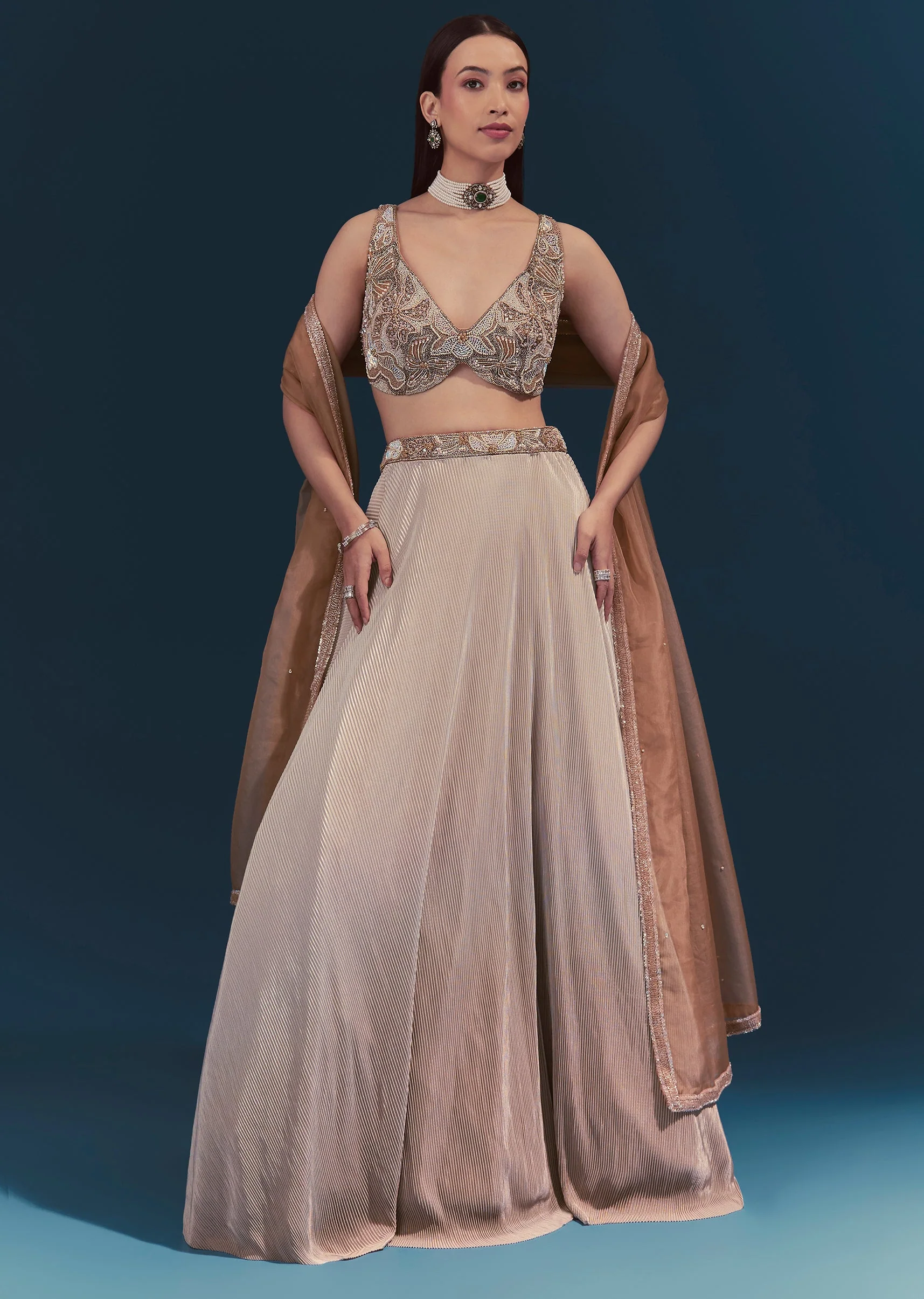 Beige Embroidered Lehenga Set With Dupatta - Image 4