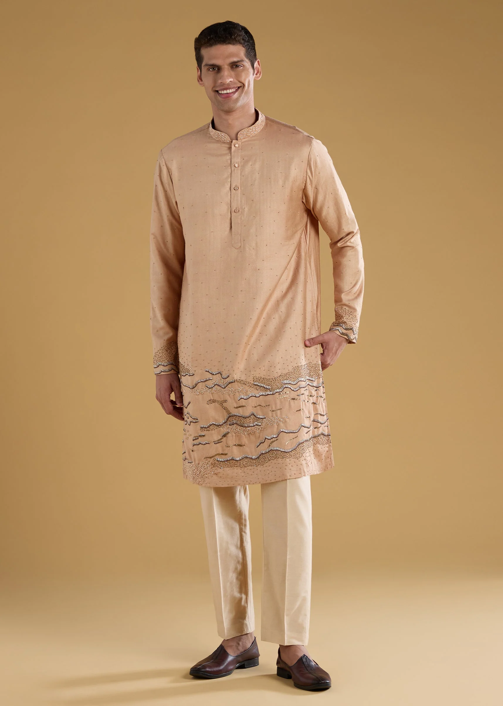 Beige Embroidered Mens Kurta Pant Set