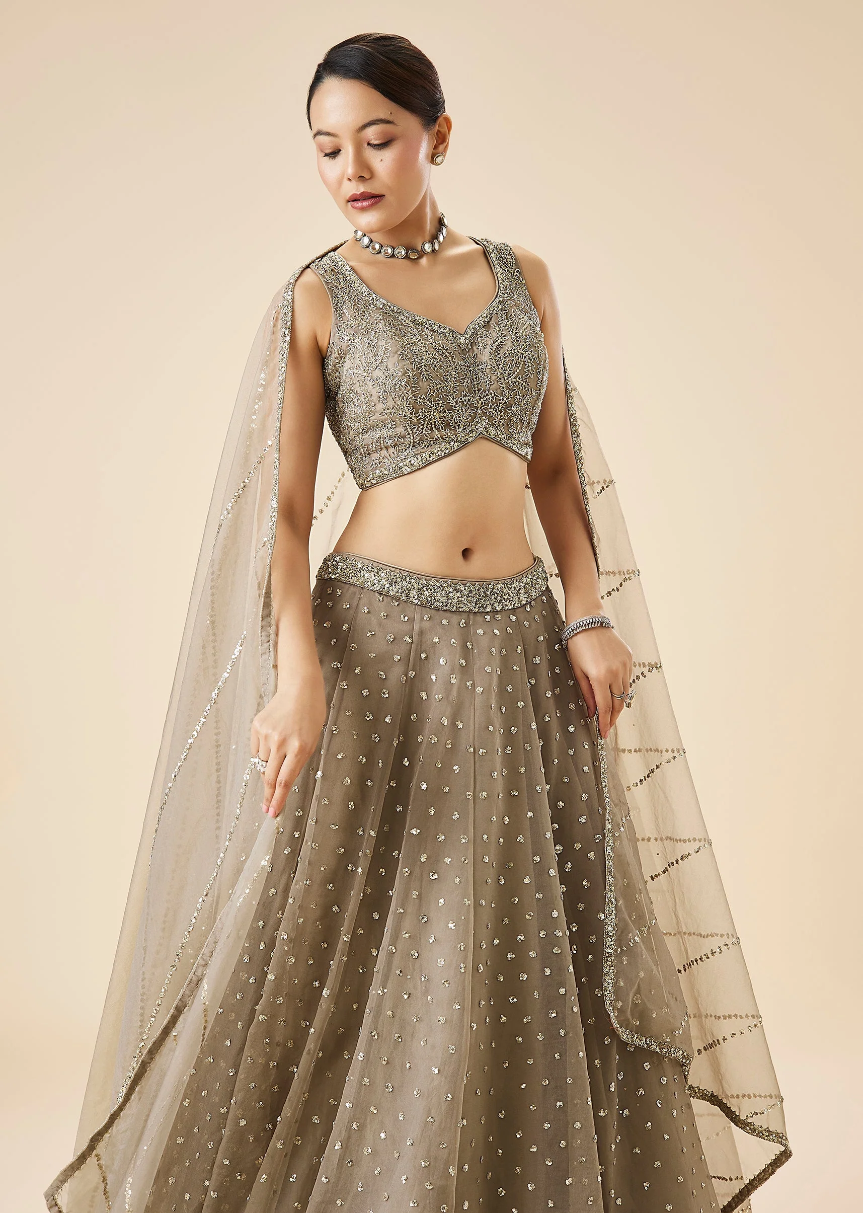 Beige Embroidered Net Lehenga Set With Dupatta - Image 5