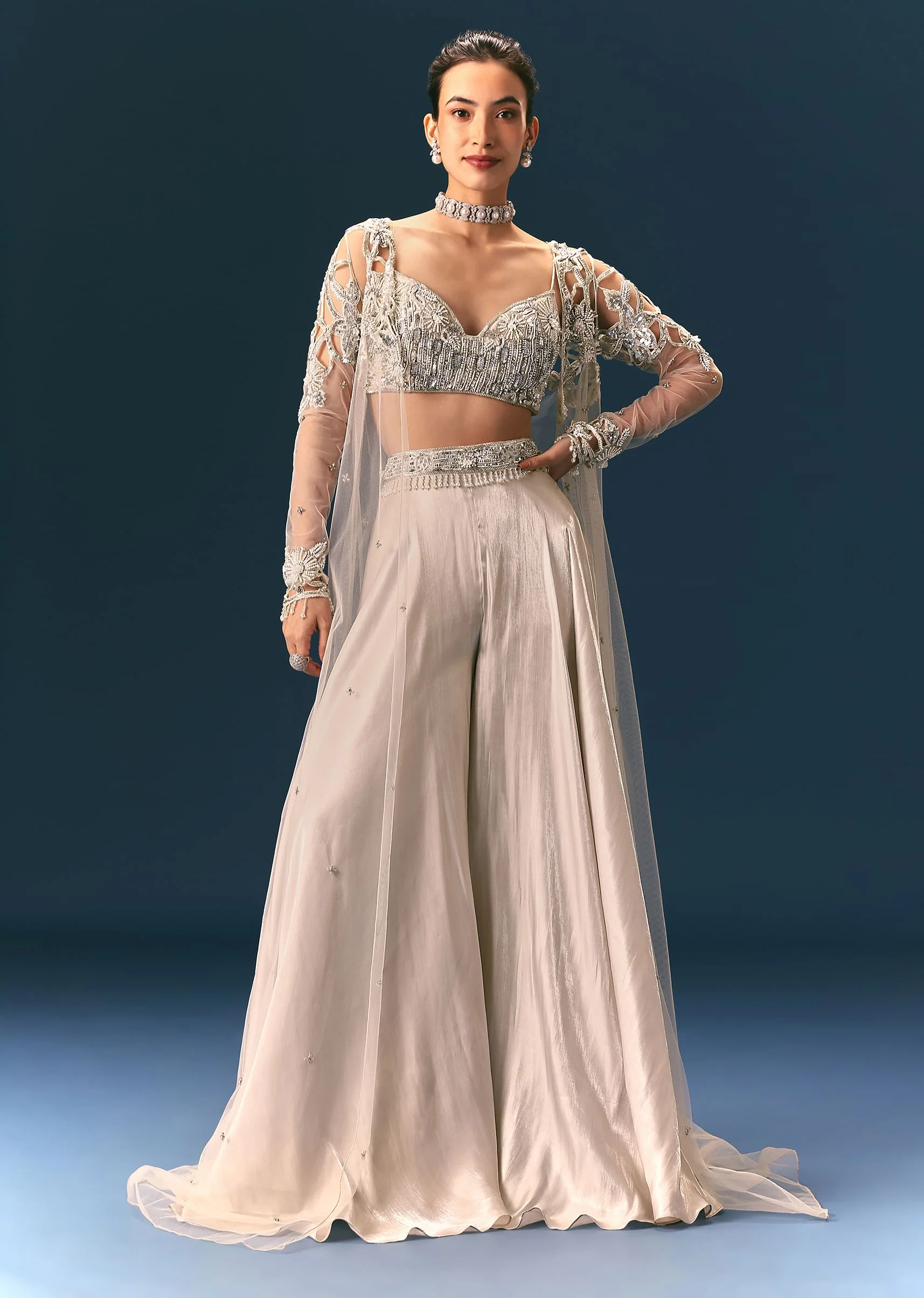 Beige Embroidered Organza Blouse With Circular Palazzo And Cutwork Jacket - Image 3
