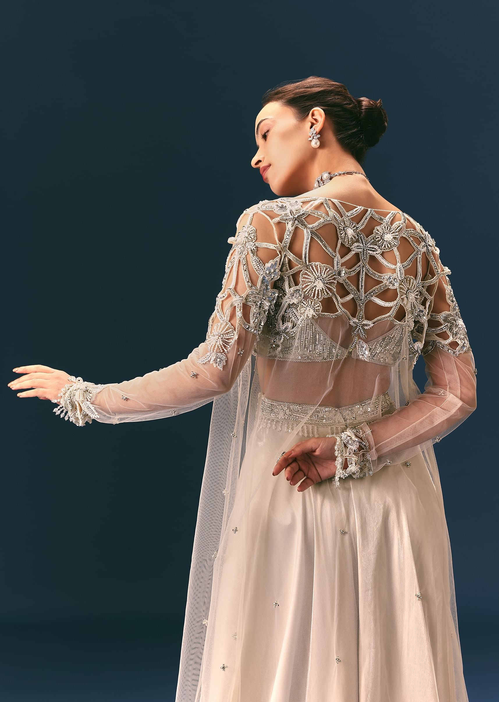 Beige Embroidered Organza Blouse With Circular Palazzo And Cutwork Jacket - Image 4