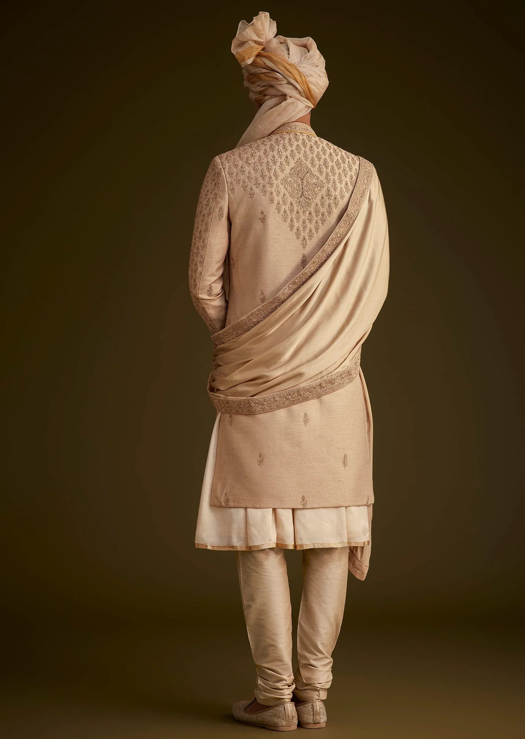 Beige Fawn Silk Sherwani Set With Embellished Dupatta Border - Image 6