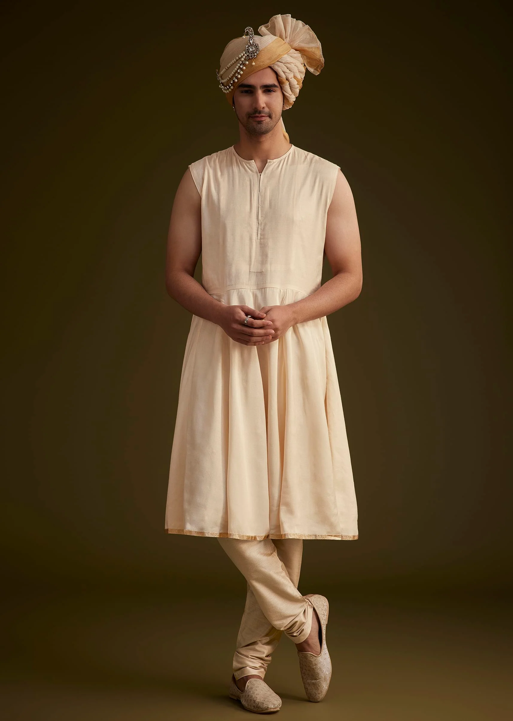 Beige Fawn Silk Sherwani Set With Embellished Dupatta Border - Image 7