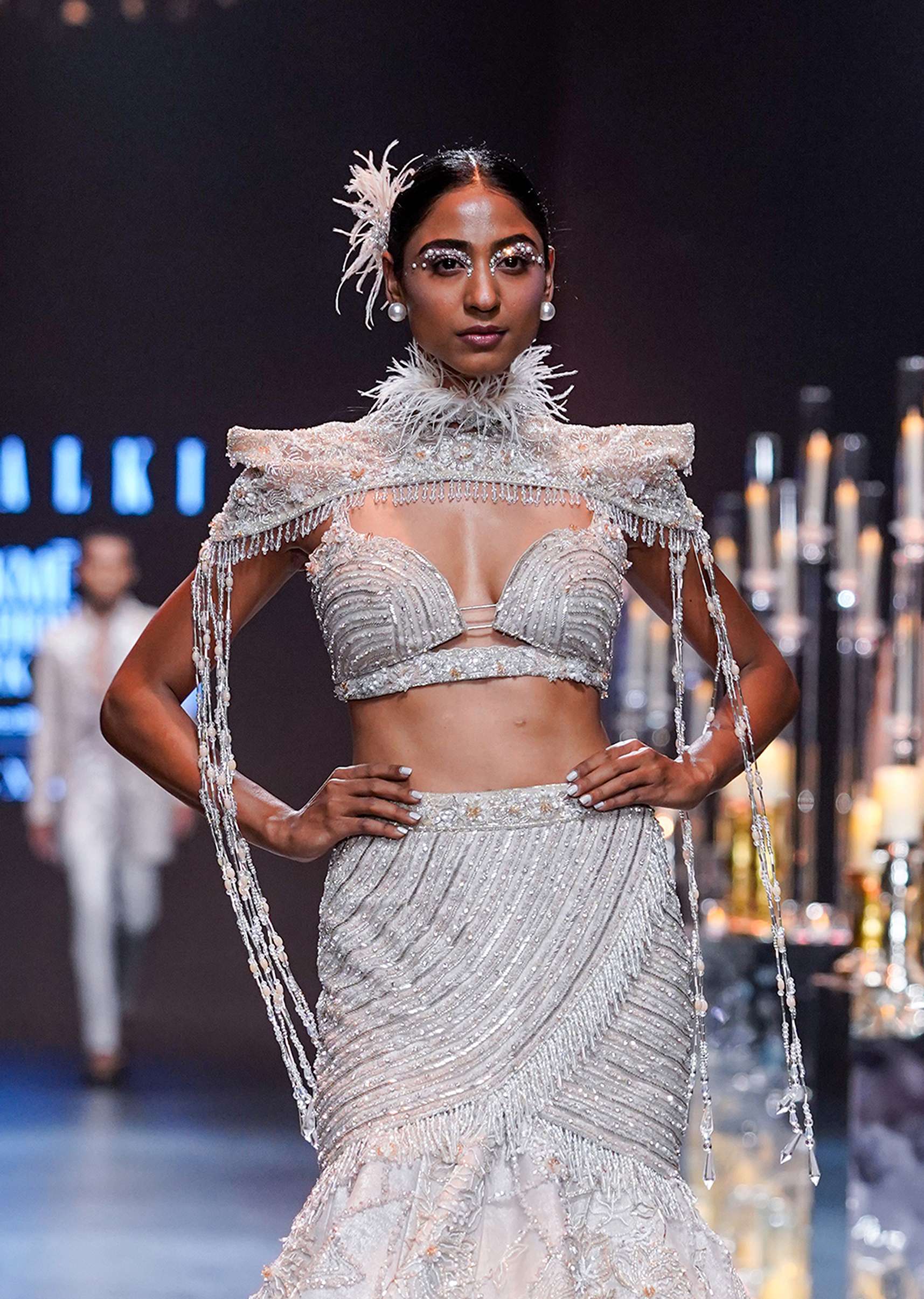Beige Fish-Cut Lehenga And Cape Set With Crystal Tassels - Image 2