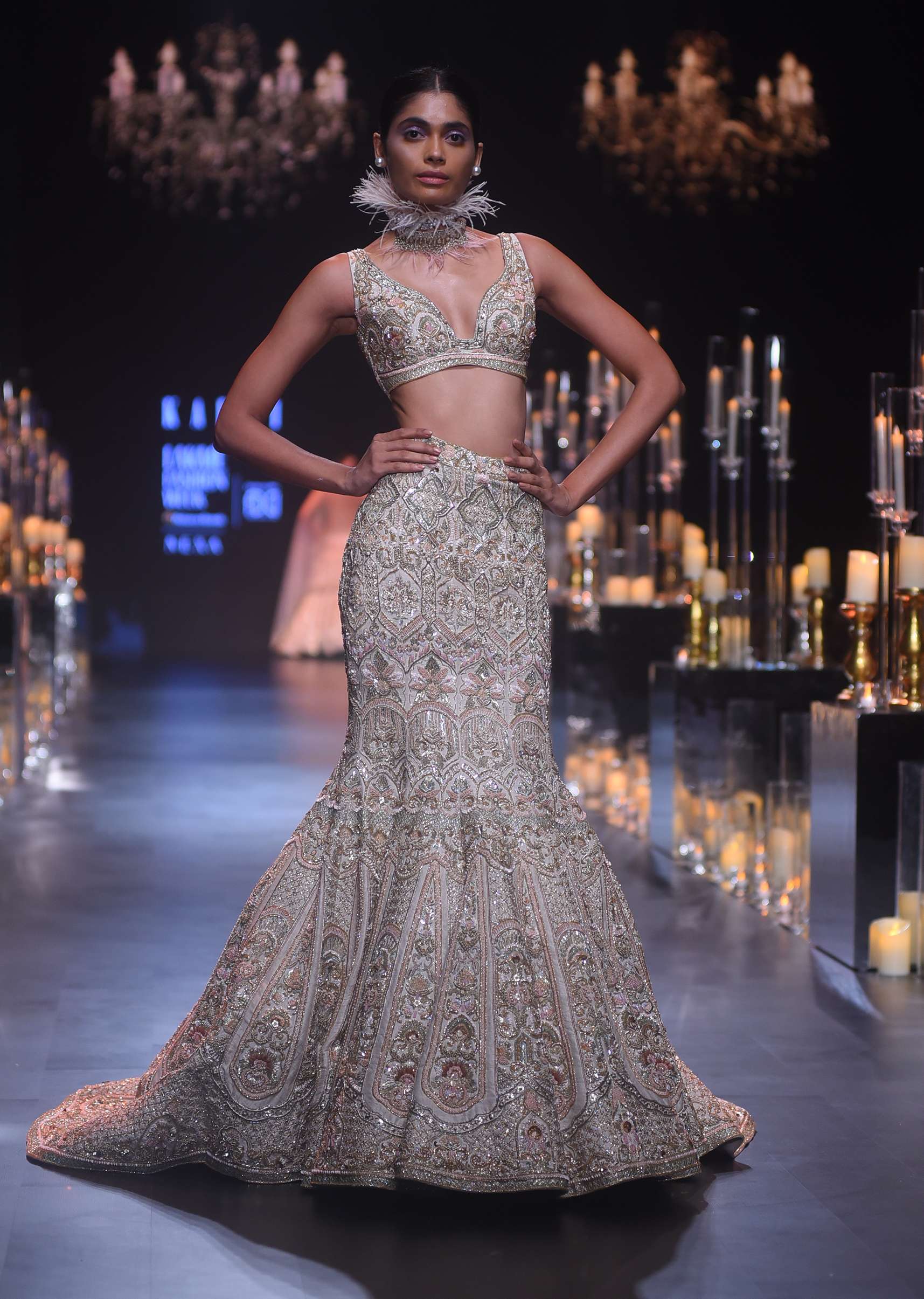 Beige Fish-Cut Trail Lehenga Set With Hand Work Pearl Embroidery And 3D Floral Motifs - Image 7