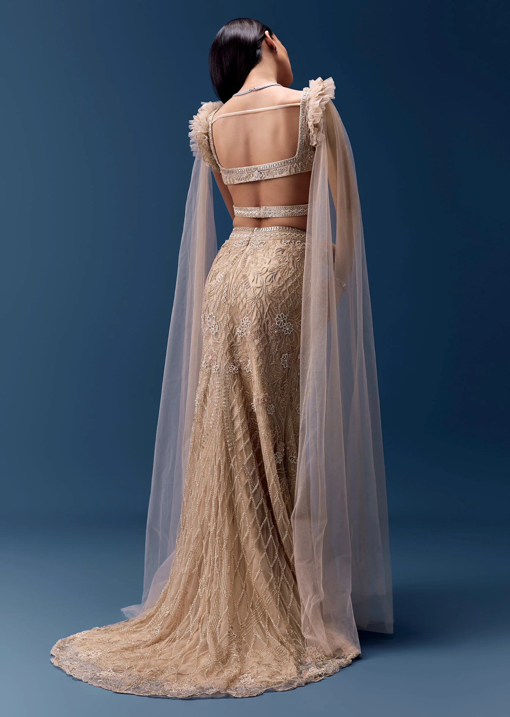 Beige Fishcut Lehenga with Draped Ruffle Blouse - Image 2