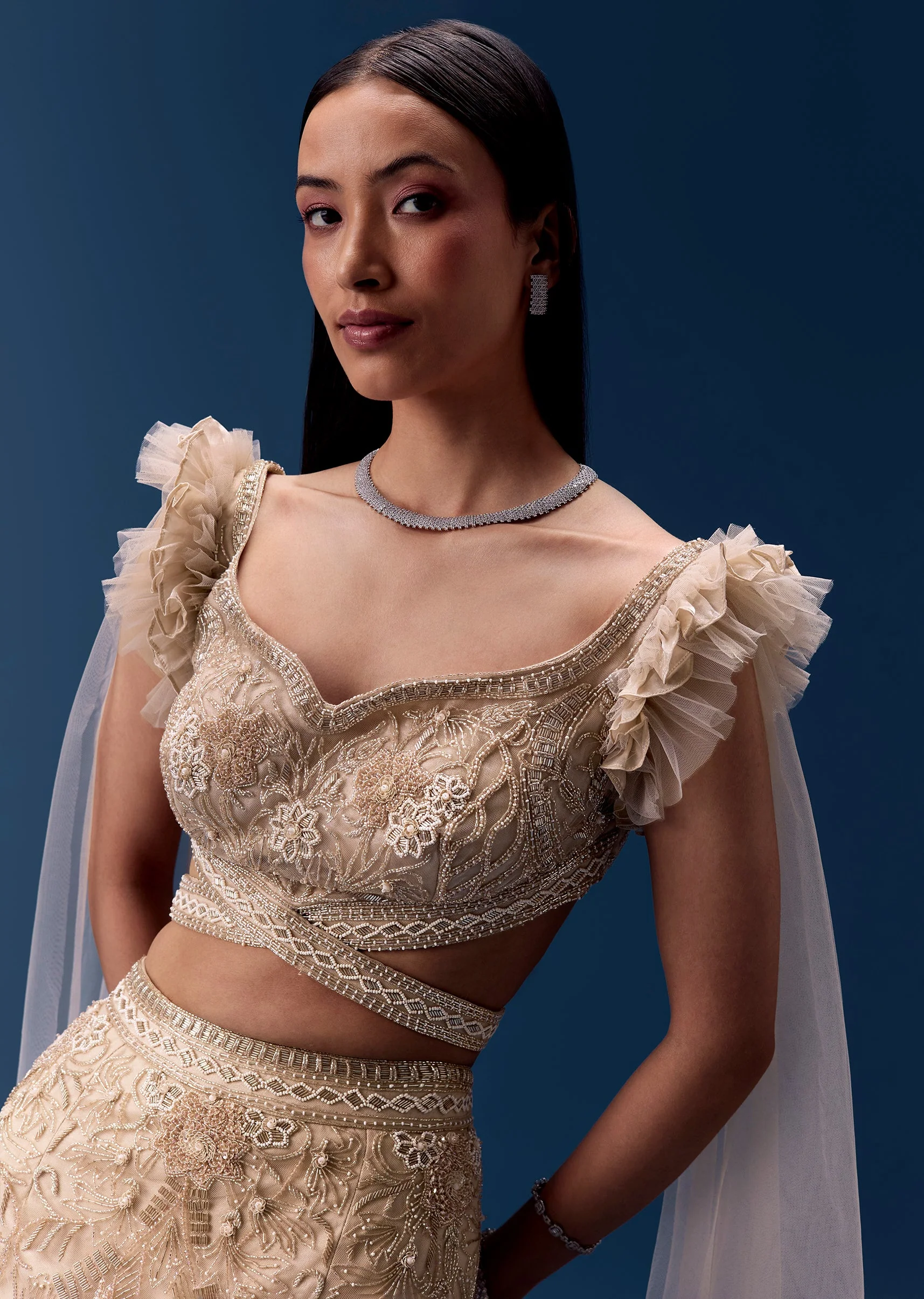 Beige Fishcut Lehenga with Draped Ruffle Blouse - Image 3
