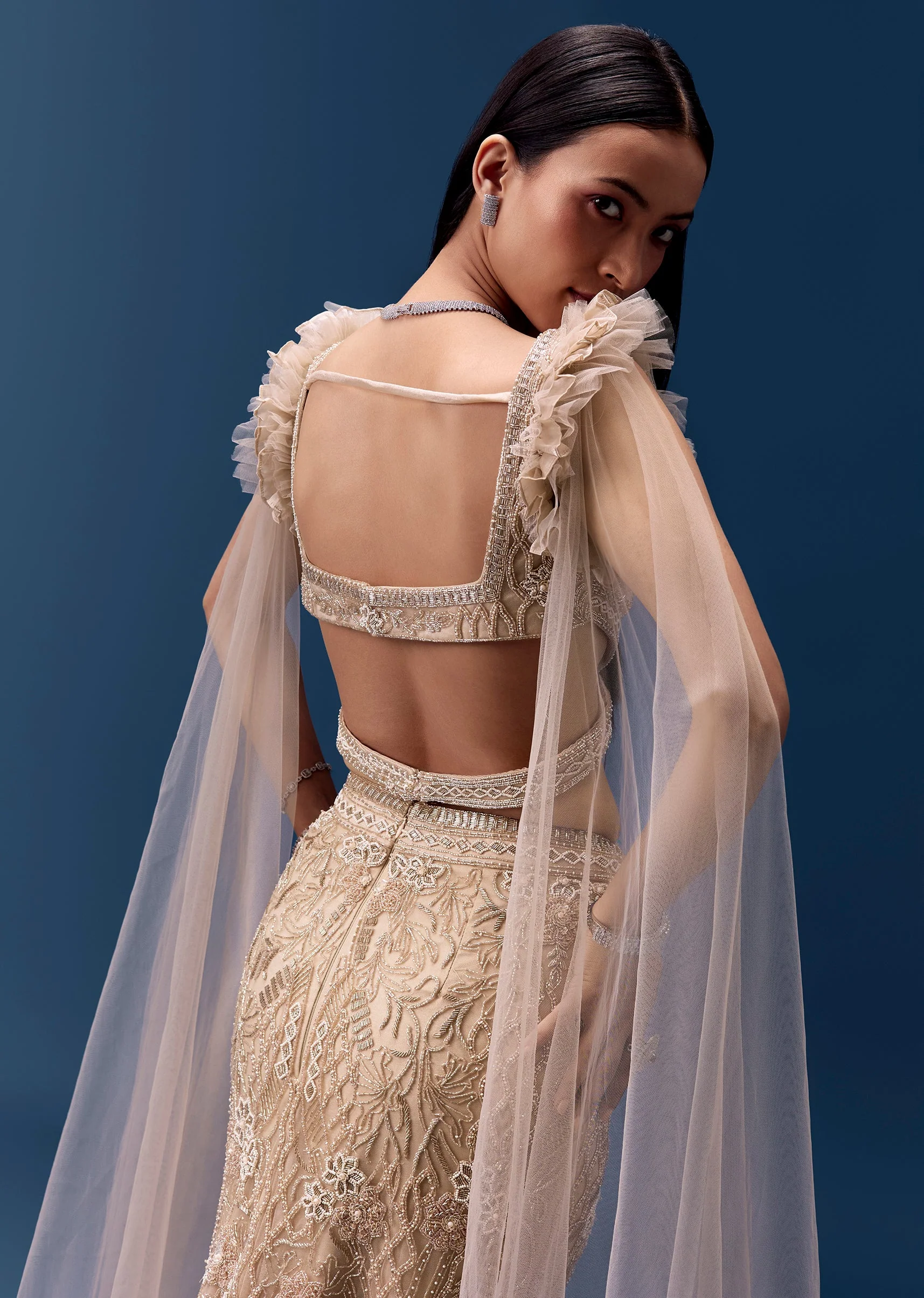 Beige Fishcut Lehenga with Draped Ruffle Blouse - Image 5