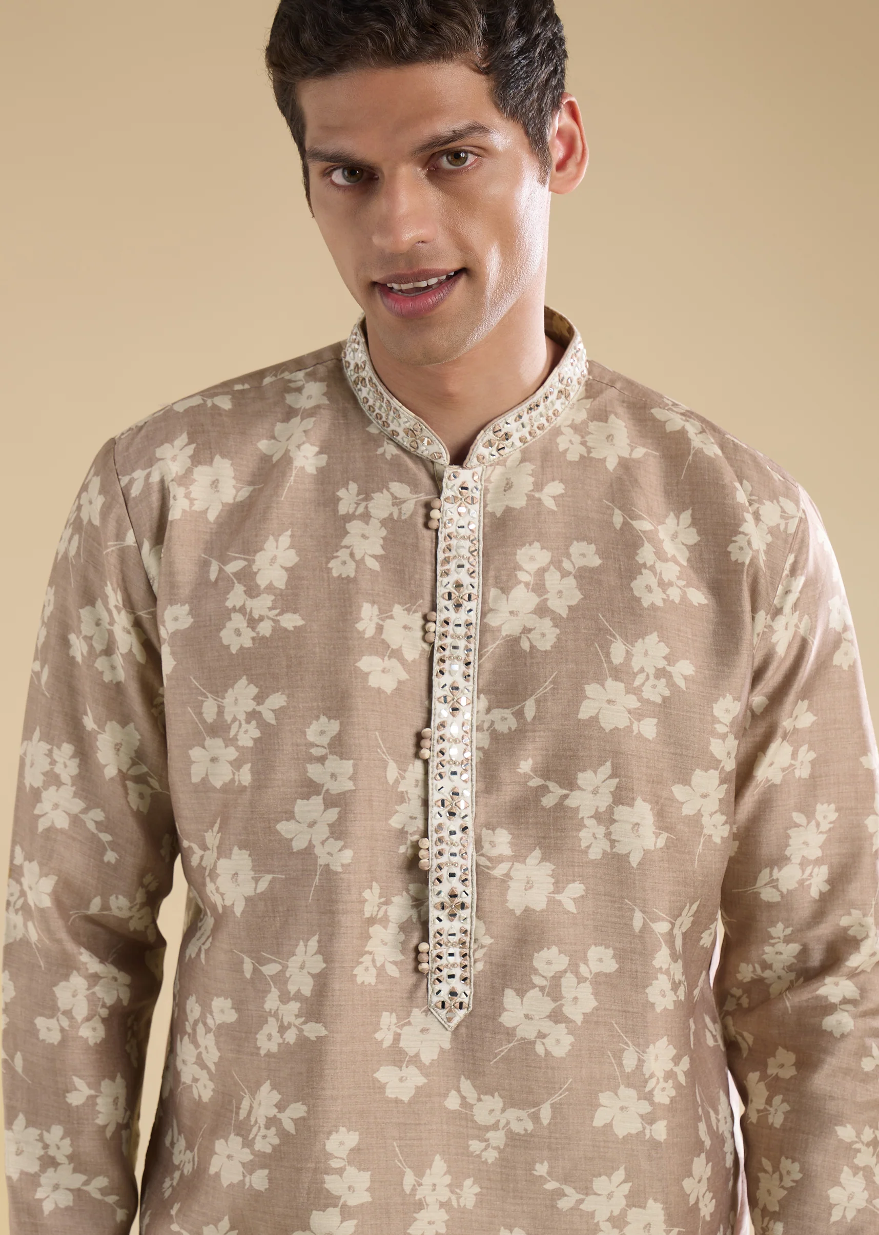 Beige Floral Coordinated Look – Crepe Zari Kurta Set For Her And Beige Embroidered Kurta Set For Him - Image 7